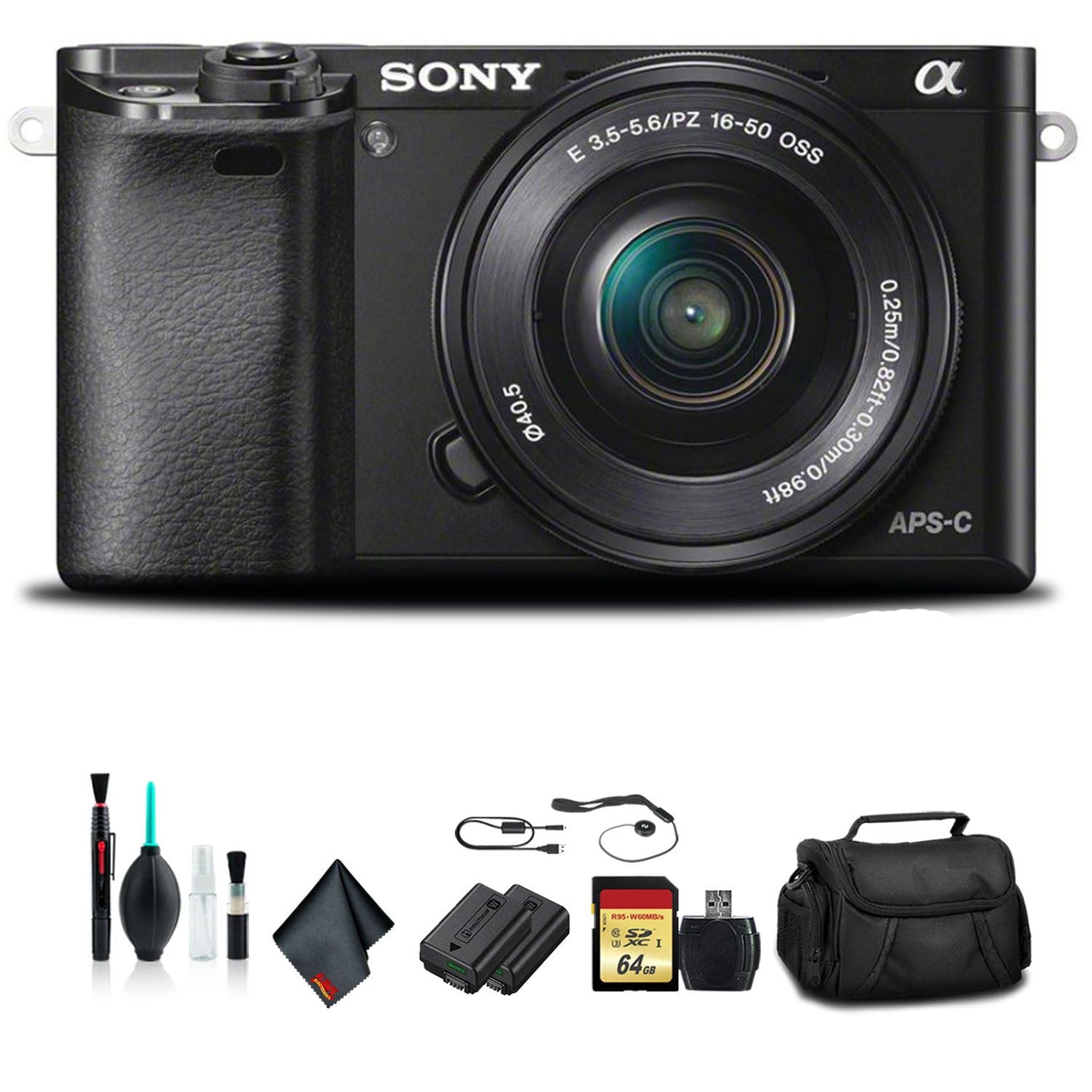 Sony Alpha a6000 Mirrorless Camera with 16-50mm Lens Black with Soft Bag, Tripod, Additional Battery, 64GB Memory Card, - Used Sony