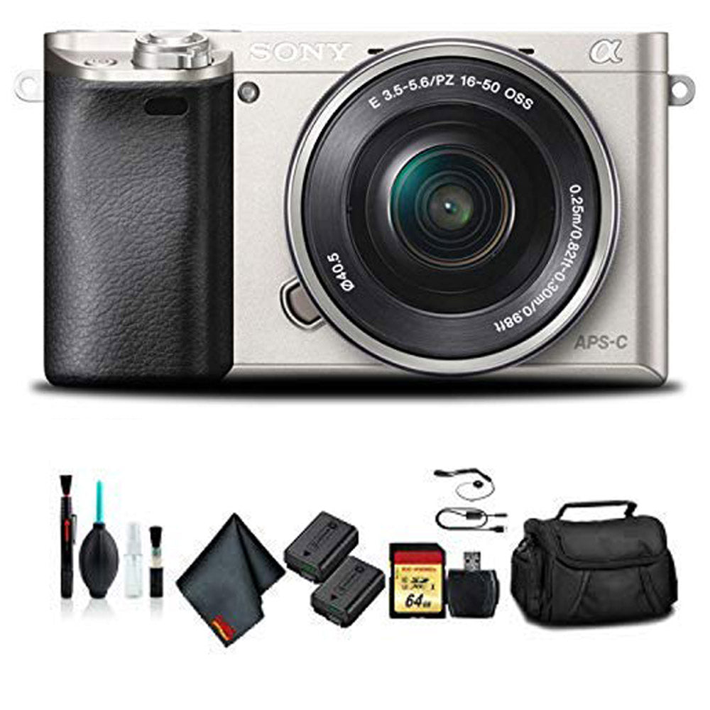 Sony Alpha a6000 Mirrorless Camera with 16-50mm Lens Silver With Soft Bag, Additional Battery, 64GB Memory Card, Card Reader , Plus Essential Accessories