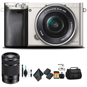 Sony Alpha a6000 Mirrorless Camera with 16-50mm Lens Silver With Soft Bag, Additional Battery, 64GB Memory Card, Card Reader , Plus Essential Accessories