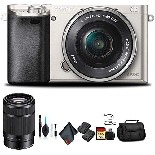 Sony Alpha a6000 Mirrorless Camera with 16-50mm Lens Silver With Soft Bag, Additional Battery, 64GB Memory Card, Card Reader , Plus Essential Accessories