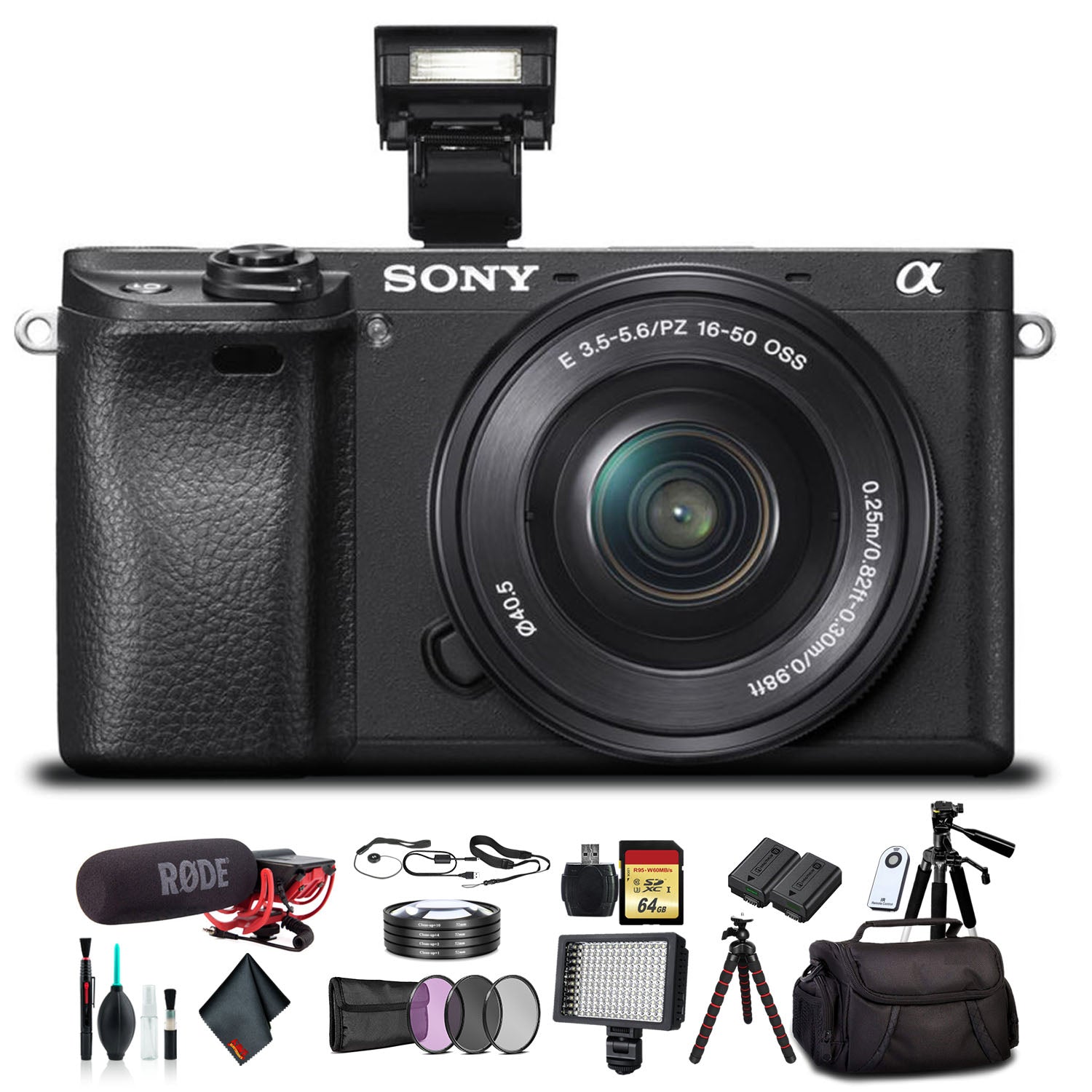 Sony Alpha a6300 Mirrorless Camera with 16-50mm Lens Black ILCE6300L/B With Soft Bag, Tripod, Additional Battery, Rode Mic, LED Light, 64GB Memory Card, Card Reader , Plus Essential Accessories