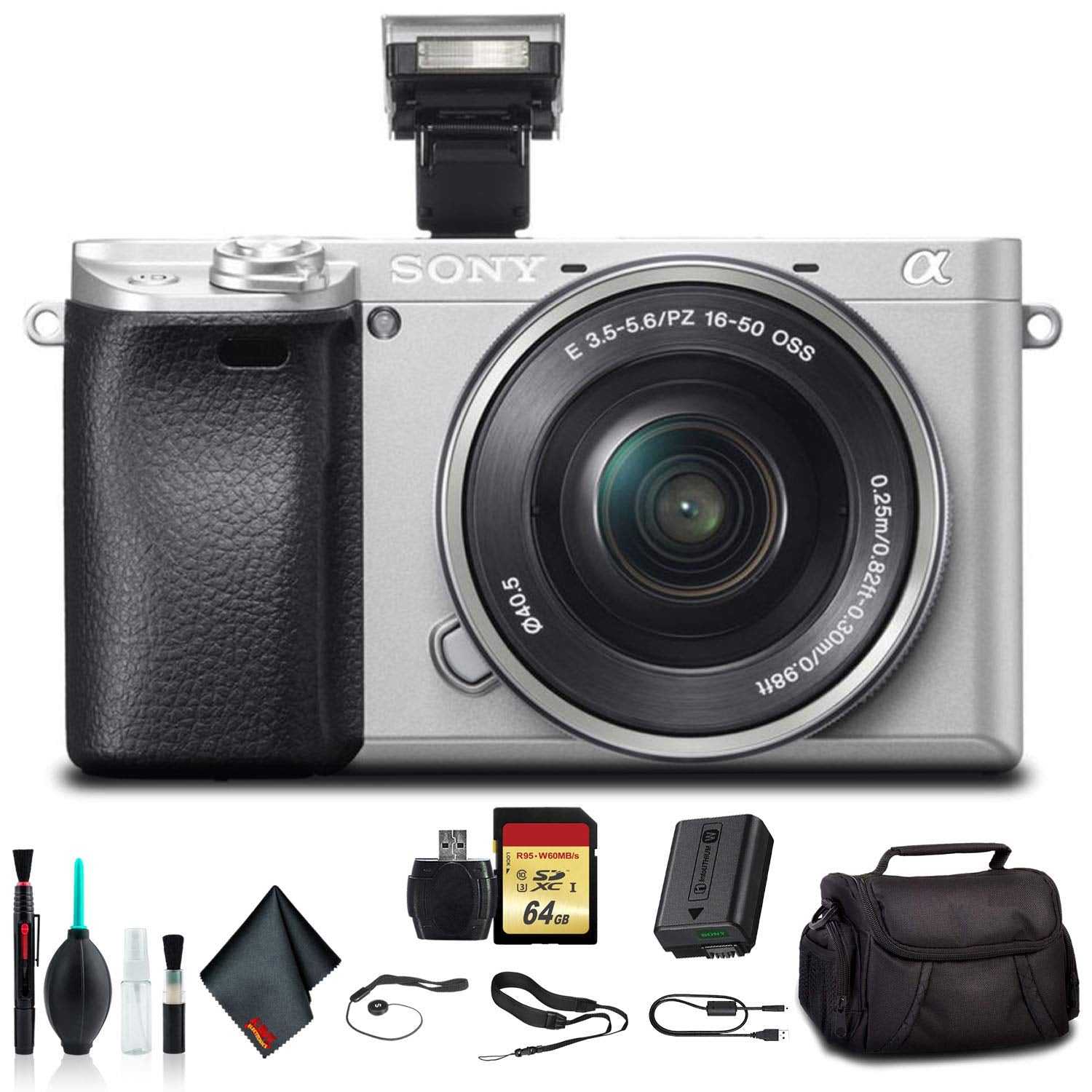 Sony Alpha a6300 Mirrorless Camera with 16-50mm Lens Silver ILCE-6300L/S With Soft Bag, 64GB Memory Card, Card Reader , Plus Essential Accessories