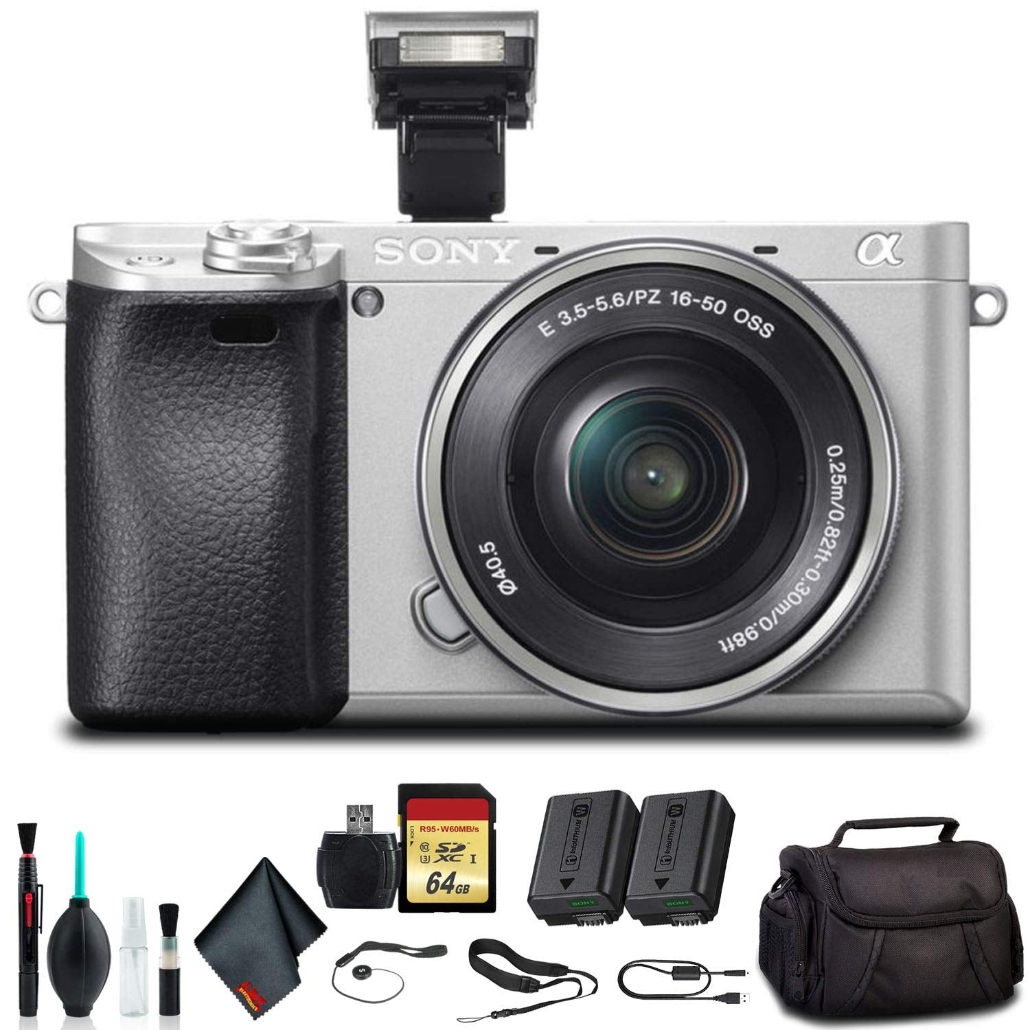 Sony Alpha a6300 Mirrorless Camera with 16-50mm Lens Silver ILCE-6300L/S With Soft Bag, Additional Battery, 64GB Memory Card, Card Reader , Plus Essential Accessories