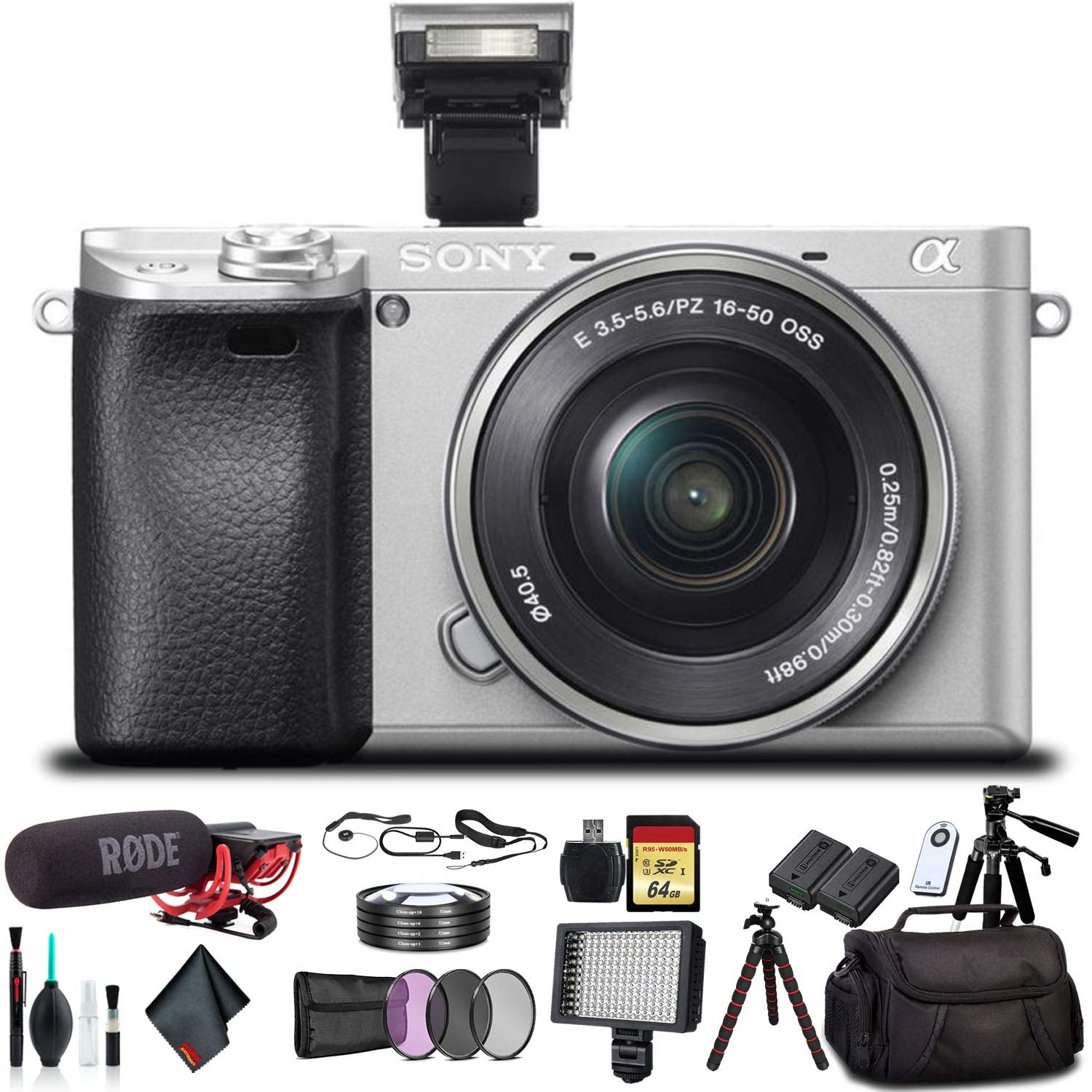 Sony Alpha a6300 Mirrorless Camera with 16-50mm Lens Silver ILCE-6300L/S With Soft Bag, Lens Filters, Tripod, Additional Battery, Rode Mic, LED Light, 64GB Cards, , Plus Essential Accessories