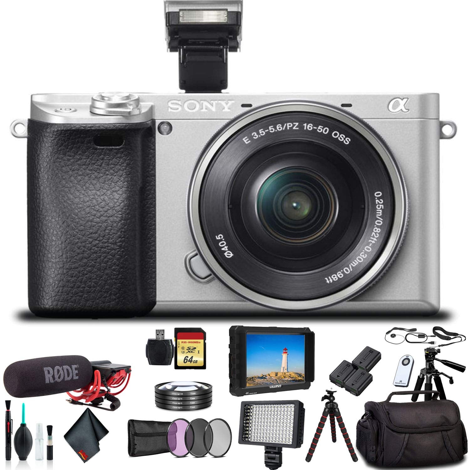 Sony Alpha a6300 Mirrorless Camera W/ 16-50mm Lens ILCE-6300L/S With Bag, Lens Filters, Tripod, 2x Extra Batteries, Rode Mic, Light, External HD Monitor, 2x 64GB Cards, Sling Soft Bag