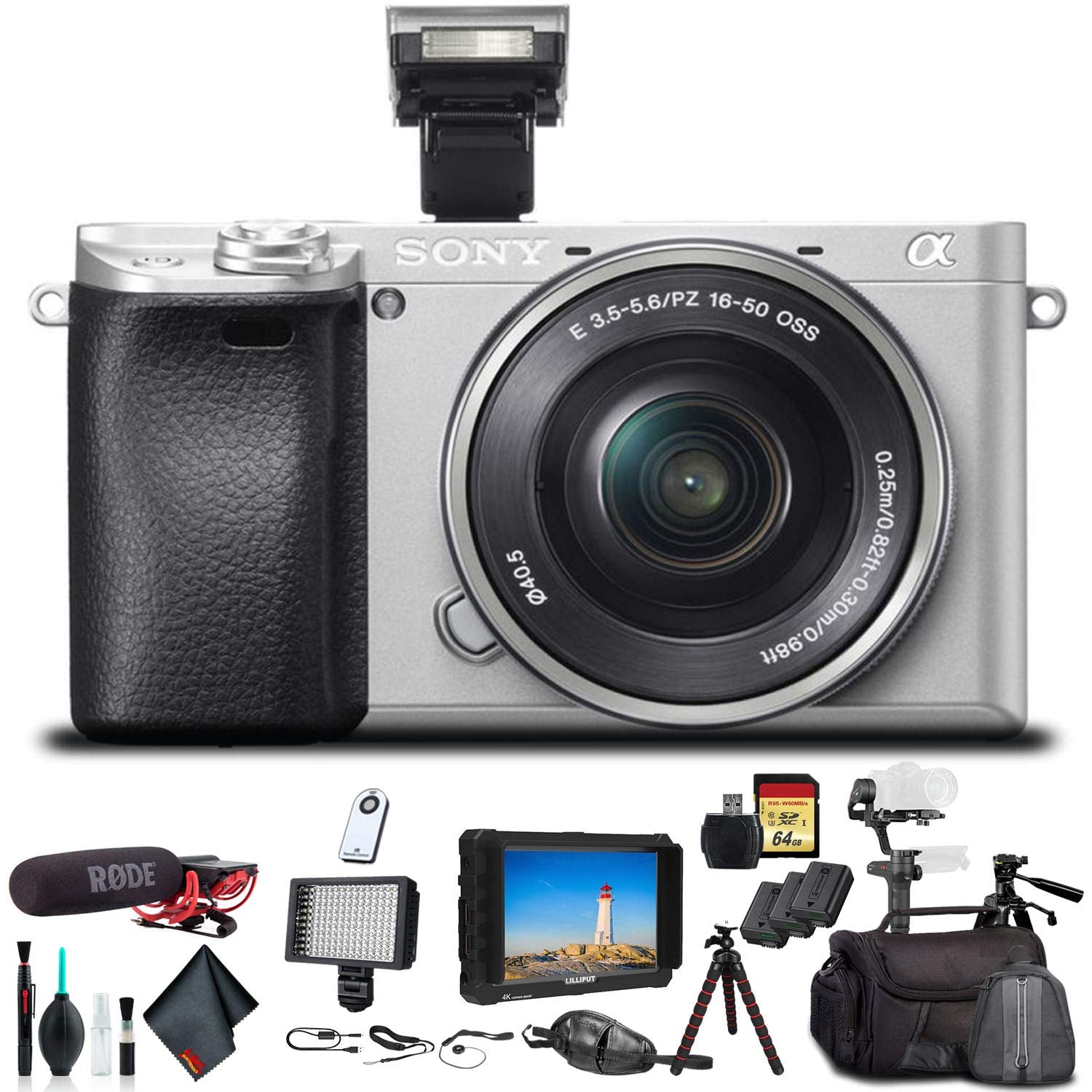 Sony Alpha a6300 Mirrorless Camera W/ 16-50mm Lens With Soft Bag, Zhiyun-Tech WEEBILL Stabilizer, 2x Extra Batteries, Rode Mic, Light, 2x 64GB Memory Cards, 4K Monitor , Plus Essential Accessories
