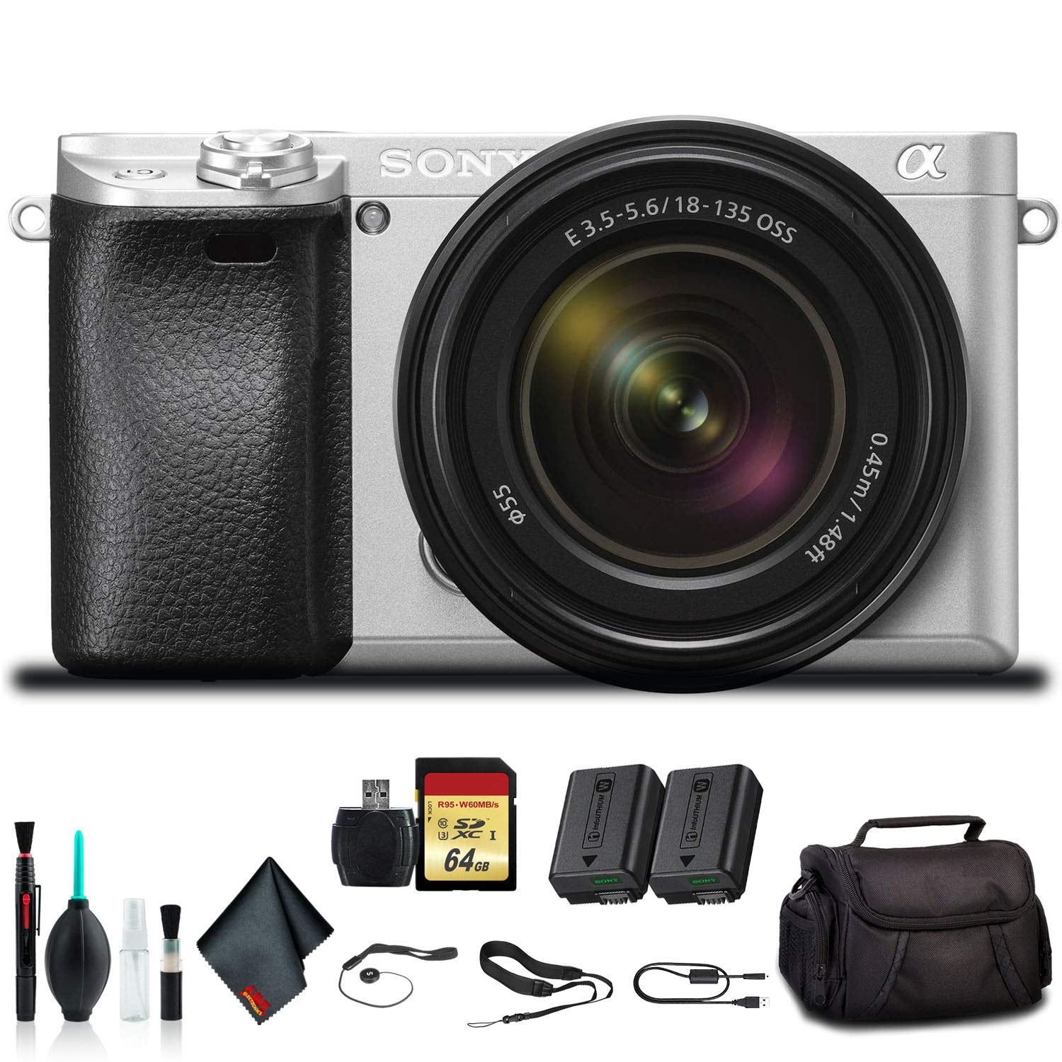 Sony Alpha a6300 Mirrorless Camera with 18-135mm Lens Silver ILCE-6300M/S With Soft Bag, Additional Battery, 64GB Memory Card, Card Reader , Plus Essential Accessories