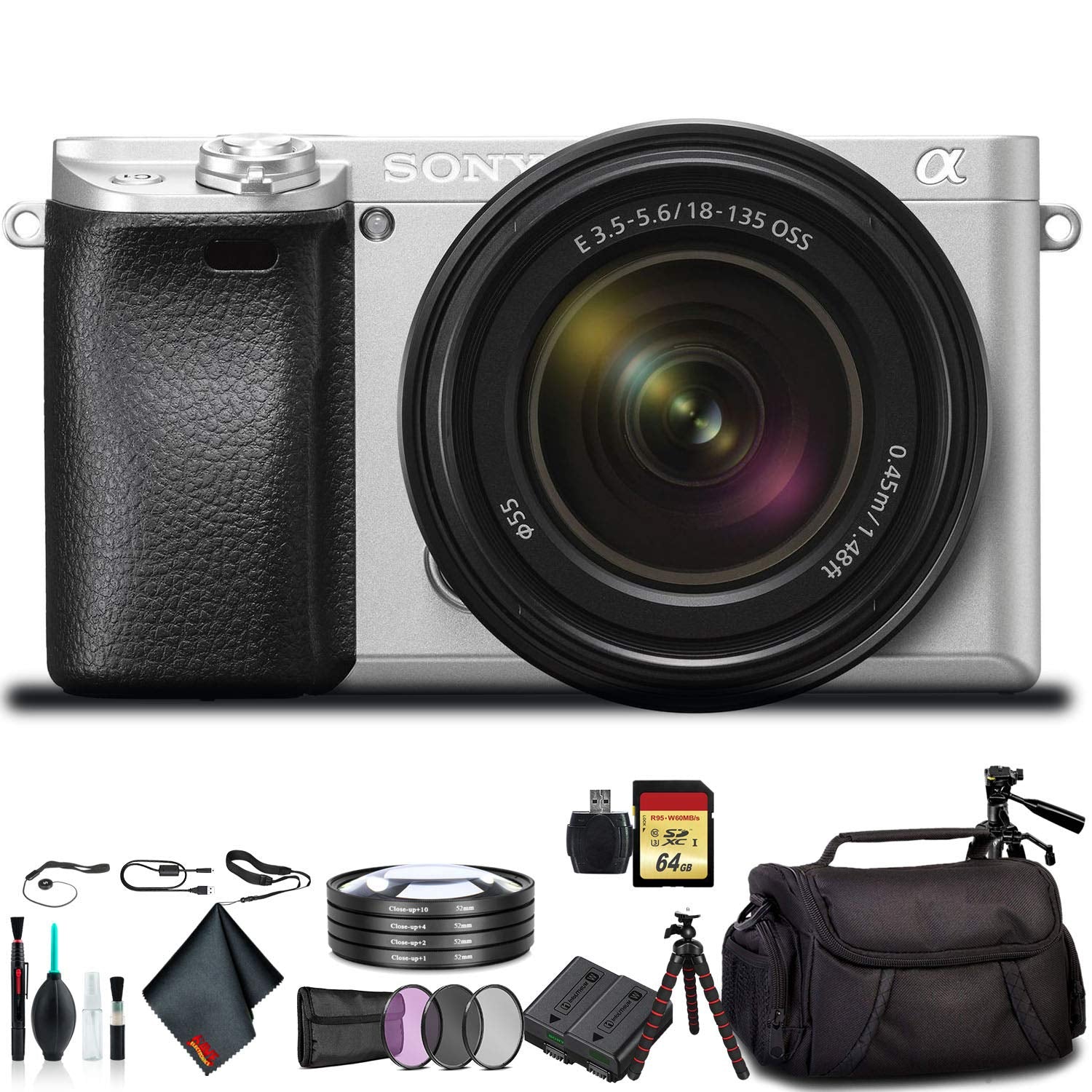 Sony Alpha a6300 Mirrorless Camera with 18-135mm Lens Silver ILCE-6300M/S With Soft Bag, Lens Filters, Tripod, Additional Battery, 64GB Memory Card, Card Reader , Plus Essential Accessories