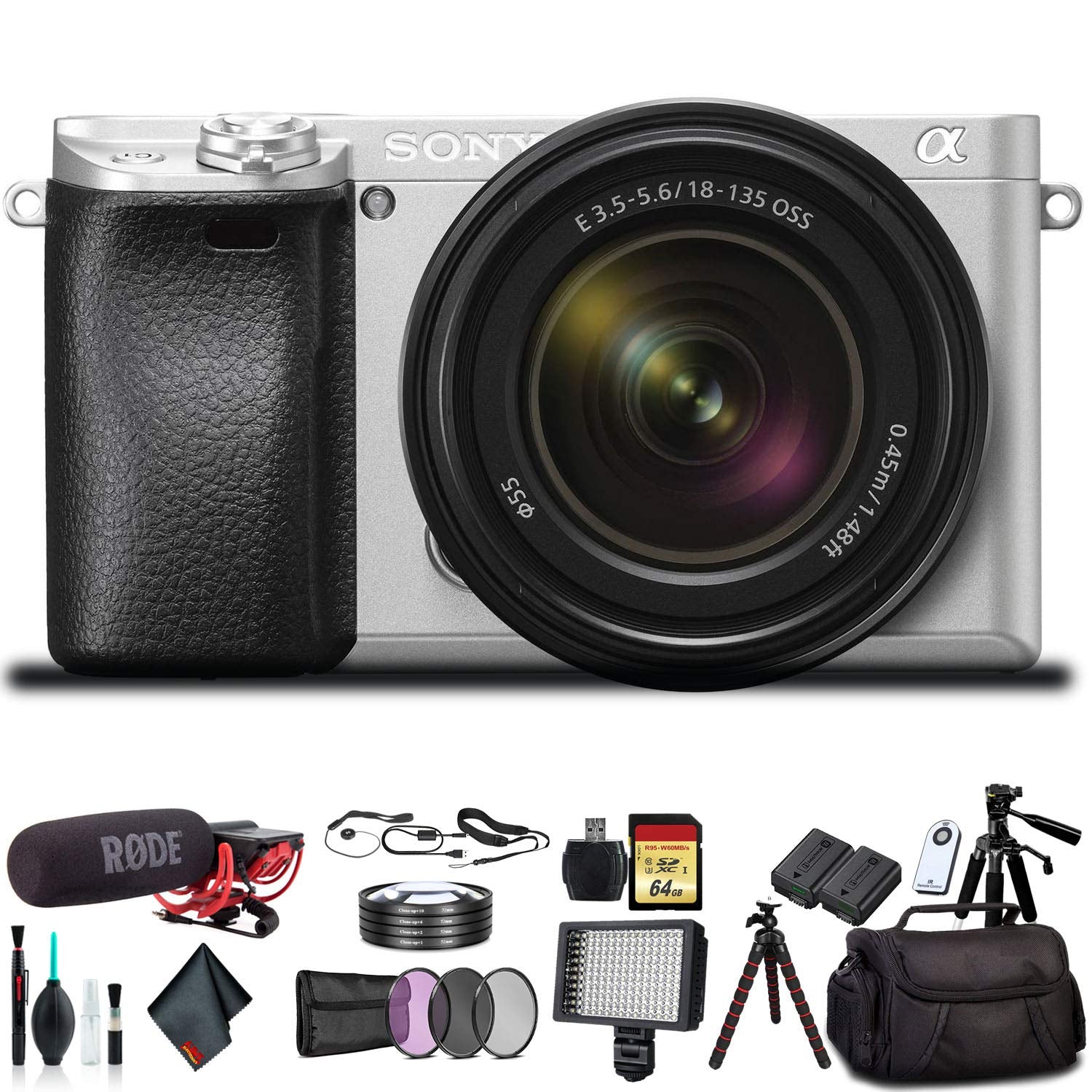 Sony Alpha a6300 Mirrorless Camera with 18-135mm Lens Silver ILCE-6300M/S With Filters, Battery, Rode Mic, LED Light, 64GB Memory Card, Sling Soft Bag, Card Reader , Plus Essential Accessories
