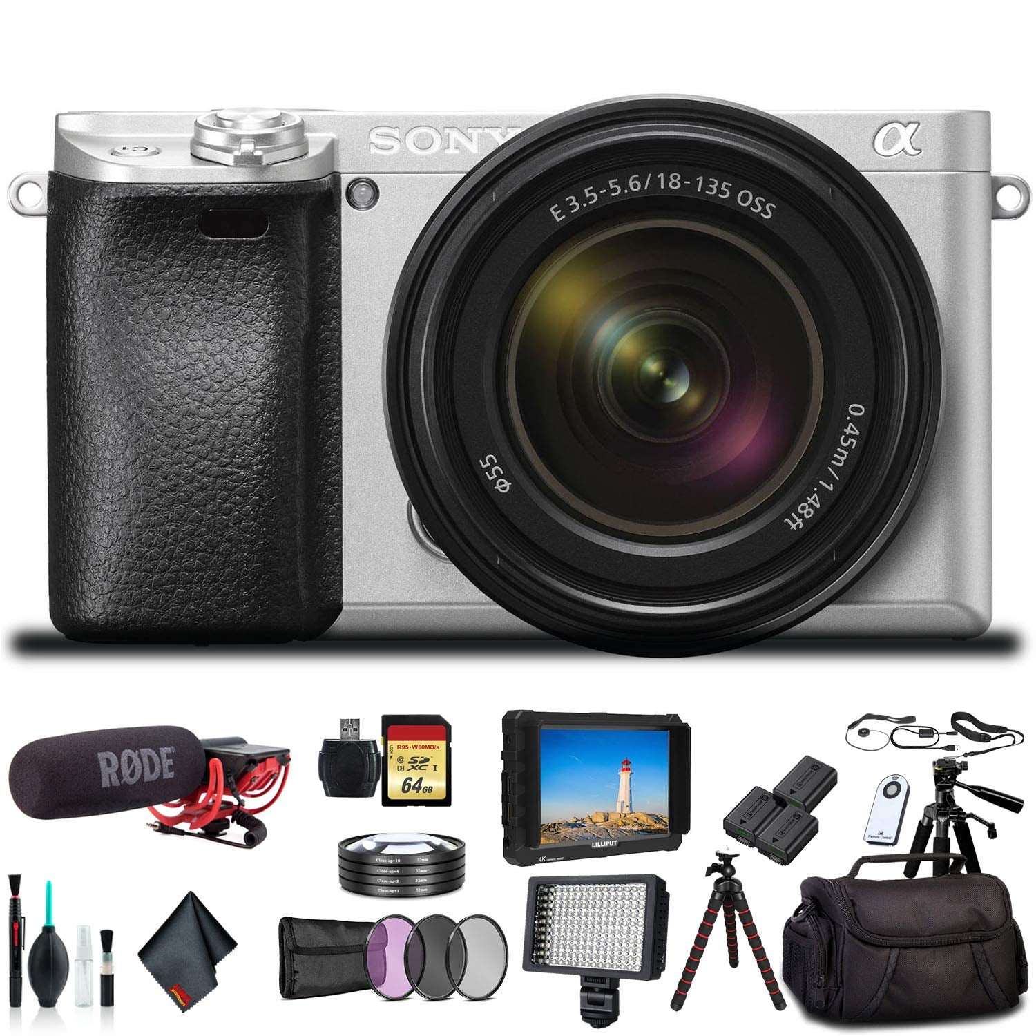 Sony Alpha a6300 Mirrorless Camera with 18-135mm Lens With Lens Filters, 2x Extra Batteries, Rode Mic, LED Light, External HD Monitor, 2x 64GB Memory Card, Sling Bag, Plus Essential Accessories