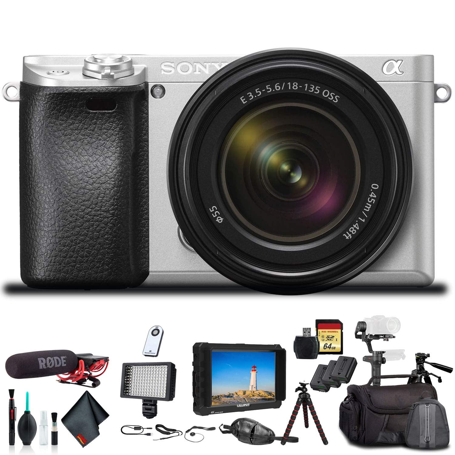 Sony Alpha a6300 Mirrorless Camera with 18-135mm Lens With Soft Bag, Zhiyun-Tech WEEBILL Stabilizer, Lens Filters, 2x Extra Batteries, Rode Mic, LED Light, 2x 64GB Memory Cards, 4K Monitor and More