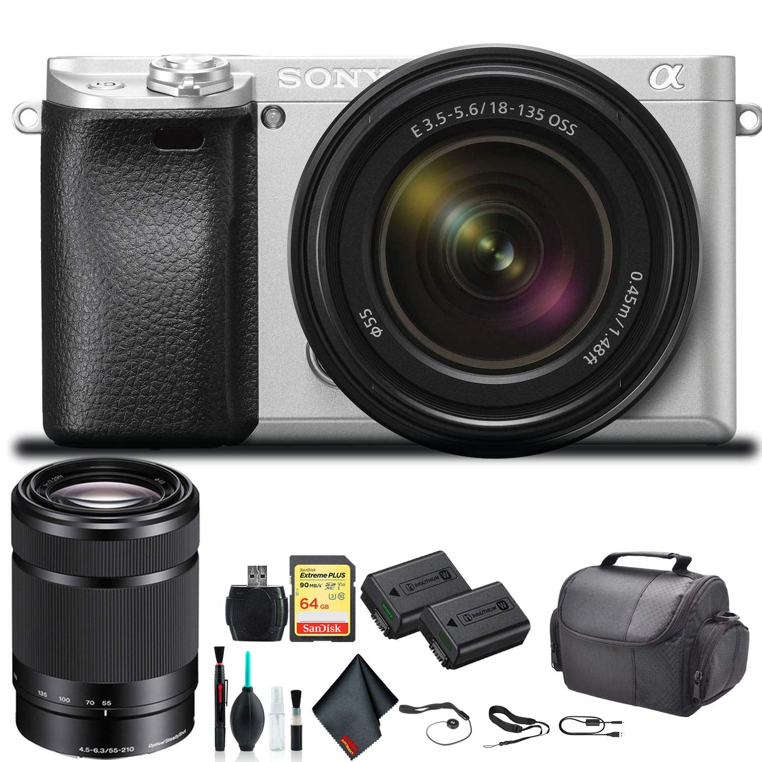 Sony Alpha a6300 Mirrorless Camera with 18-135mm Lens Silver ILCE-6300M/S With Sony 55-210mm Lens, Soft Bag, Additional Battery, 64GB Memory Card, Card Reader , Plus Essential Accessories