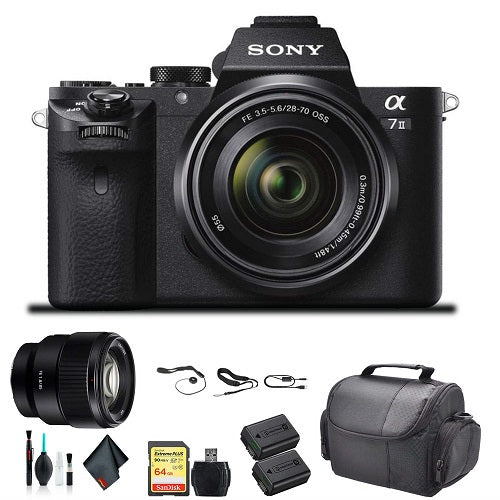 Sony Alpha a7 II Mirrorless Camera with FE 28-70mm f/3.5-5.6 OSS Lens ILCE7M2K/B With Sony FE 85mm Lens, Soft Bag, Additional Battery, 64GB Memory Card, Card Reader , Plus Essential Accessories