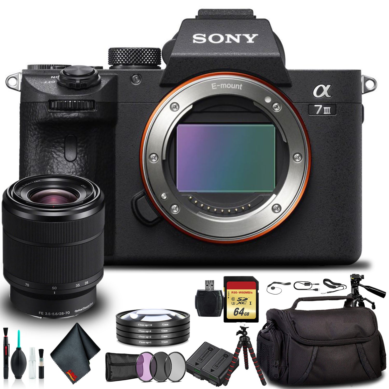 Sony Alpha a7 III Mirrorless Camera with 28-70mm Lens ILCE7M3K/B With Soft Bag, Tripod, Additional Battery, 64GB Memory Card, Card Reader , Plus