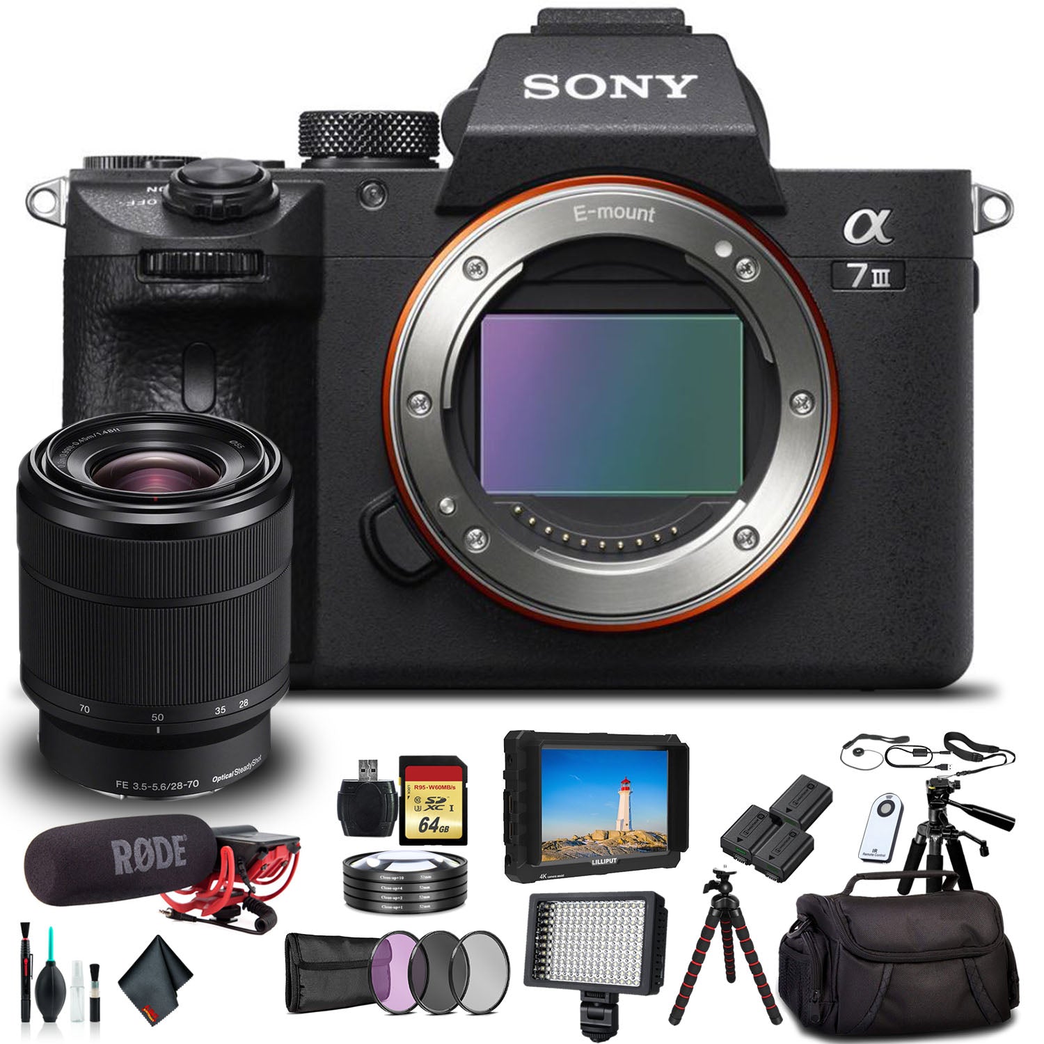 Sony Alpha a7 III Mirrorless Camera with 28-70mm Lens With Soft Bag, 2x Extra Batteries, Rode Mic, LED Light, External Monitor, 2x 64GB Memory Card, Sling Soft Bag, , Plus Essential Accessories