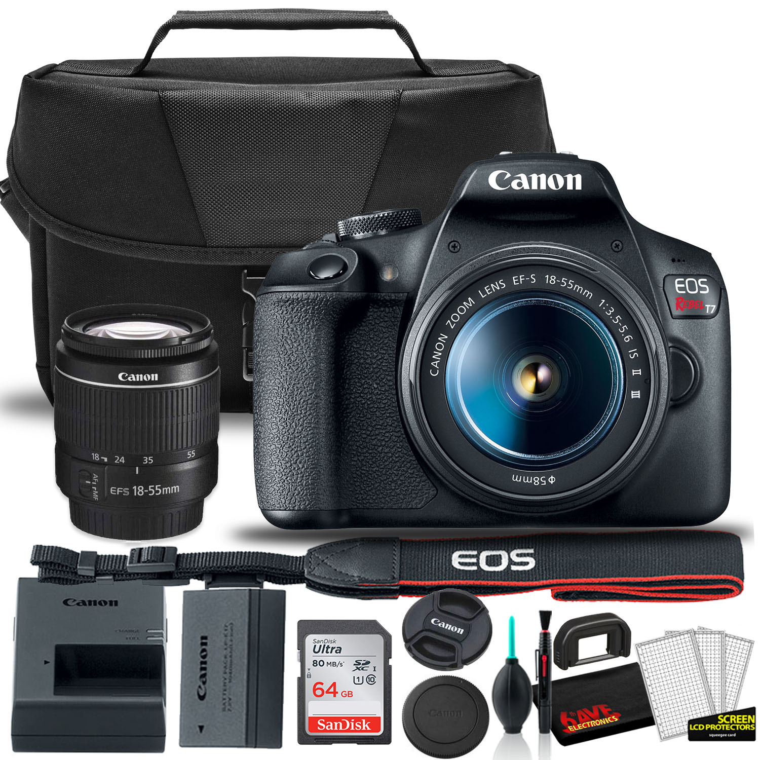 Canon EOS Rebel T7 DSLR Camera with 18-55mm Lens Starter Bundle  + Includes: EOS Bag +  Sandisk Ultra 64GB Card + Clean and Care Kit + More