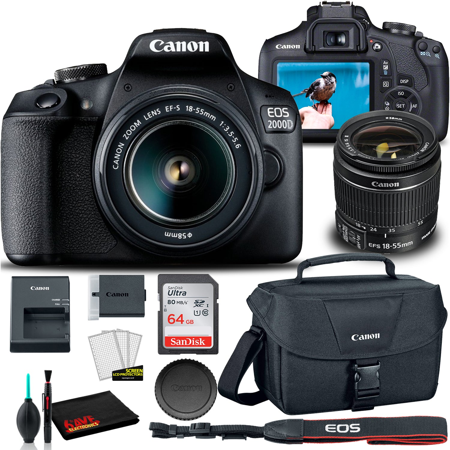 Canon EOS 2000D DSLR Camera with 18-55mm Lens + EOS Bag + Sandisk Ultra 64GB Card International Model