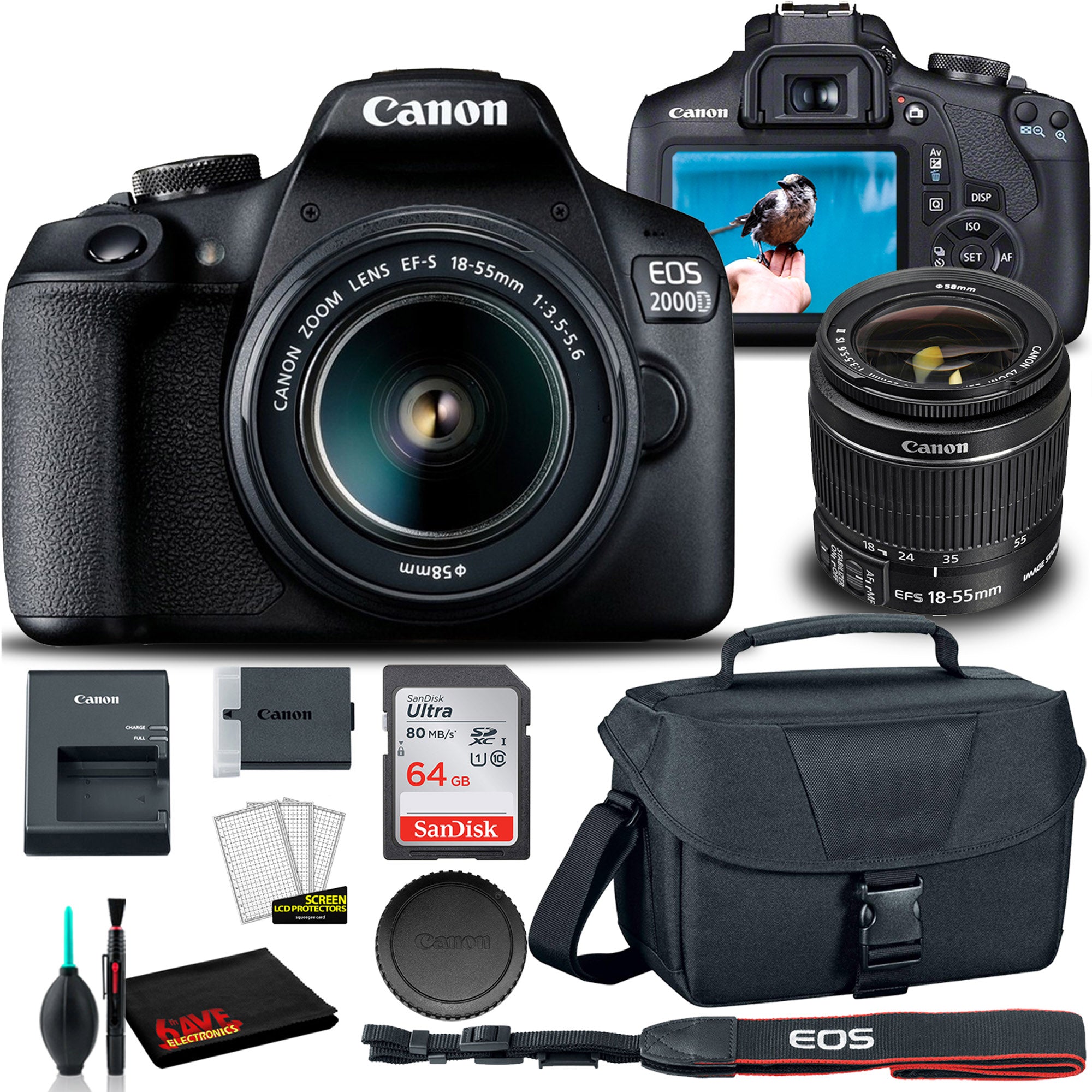 Canon EOS 2000D DSLR Camera with 18-55mm Lens + EOS Bag + Sandisk Ultra 64GB Card + Cleaning Set And More International Model