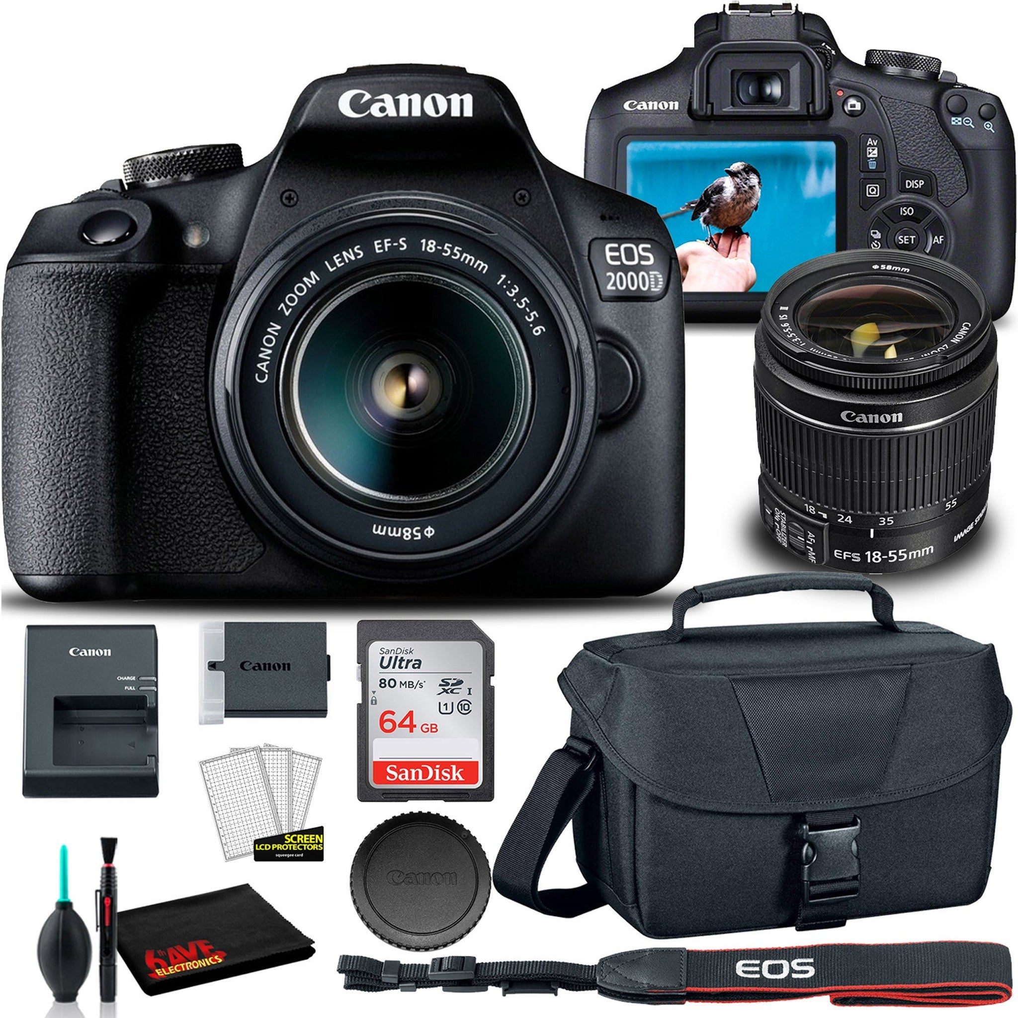 Canon EOS 2000D DSLR Camera with 18-55mm Lens + EOS Bag + Sandisk Ultra 64GB Card + Cleaning Set And More International Model - Reconditioned Canon