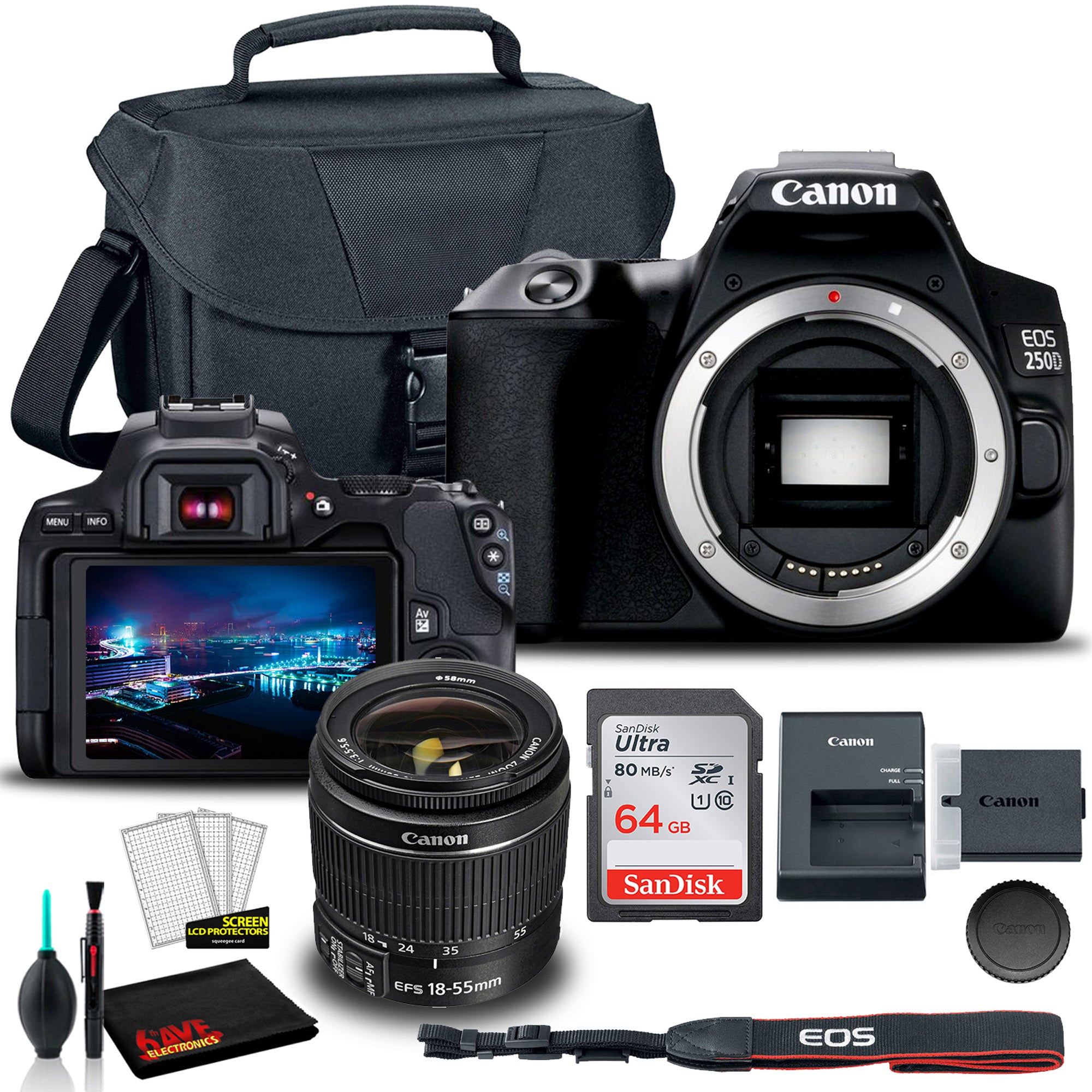 Canon EOS 250D DSLR Camera with 18-55mm Lens (Black) (3453C002) + EOS Bag + Sandisk Ultra 64GB Card + Cleaning Set And More (International Model) |