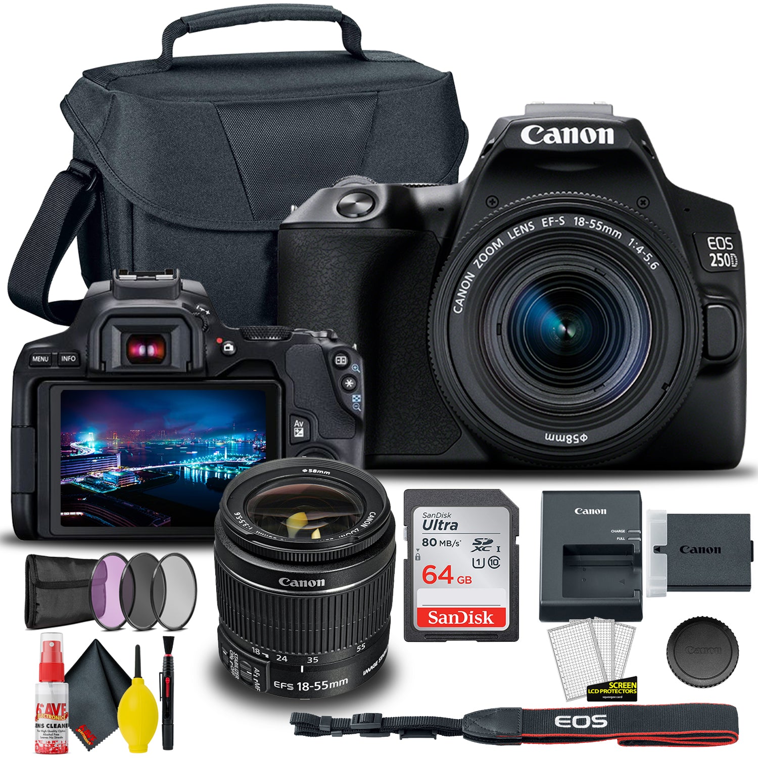 Canon EOS 250D / Rebel SL3 DSLR Camera with 18-55mm Lens (Black) + Creative Filter Set, EOS Camera Bag + Sandisk Ultra 64GB Card + 6AVE Electronics