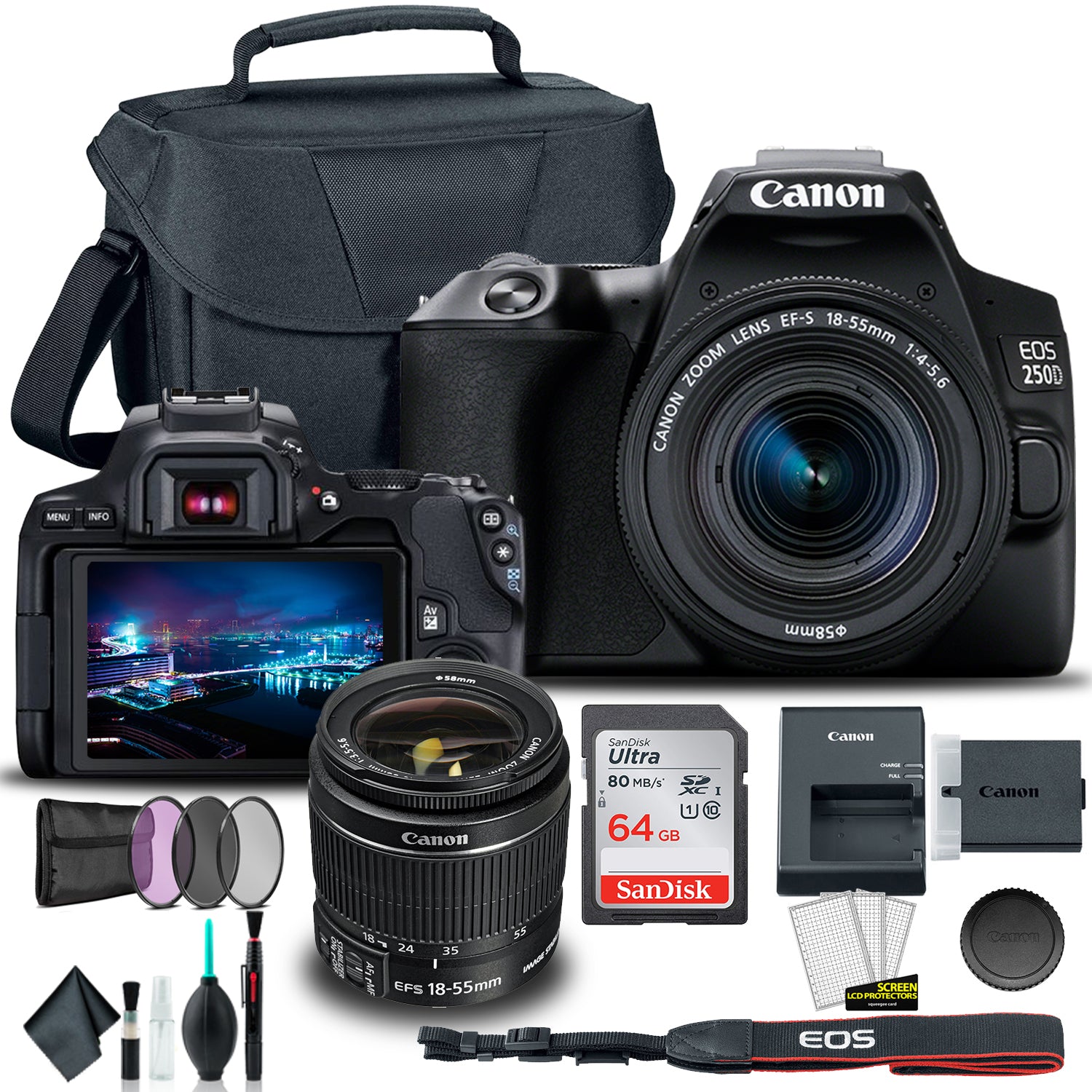 Canon EOS 250D / Rebel SL3 DSLR Camera with 18-55mm Lens (Black) + Creative Filter Set, EOS Camera Bag + Sandisk Ultra 64GB Card Pro Bundle