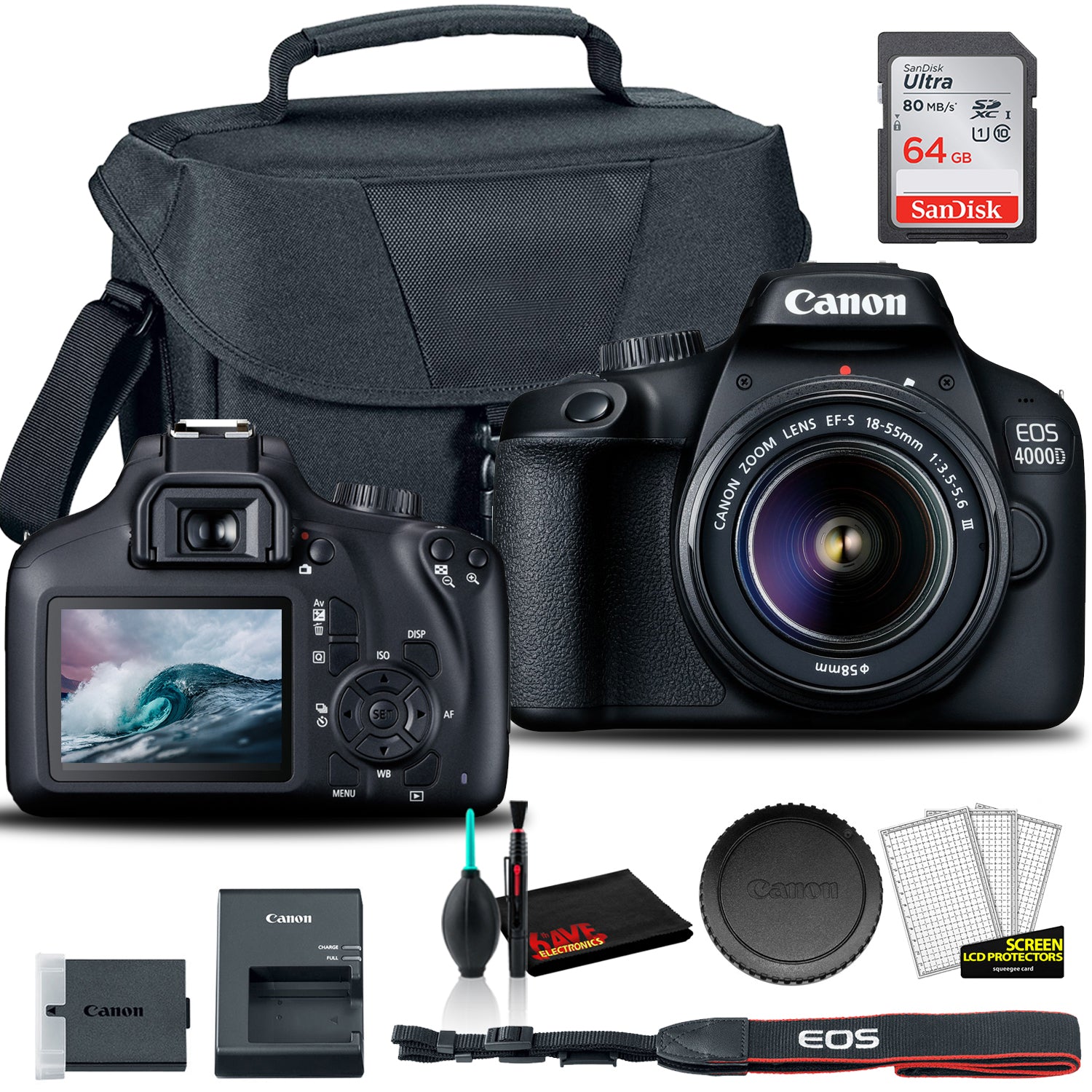Canon EOS 4000D DSLR Camera with 18-55mm Lens  +  EOS Bag +  Sandisk Ultra 64GB Card + Cleaning Set And More (International Model)