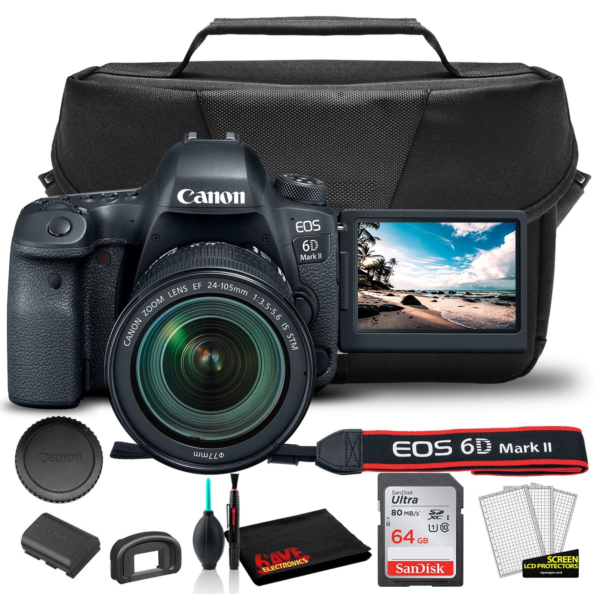 Canon EOS 6D Mark II DSLR Camera with 24-105mm f/3.5-5.6 Lens 1897C021 + EOS Bag + Sandisk Ultra 64GB Card International Model Canon
