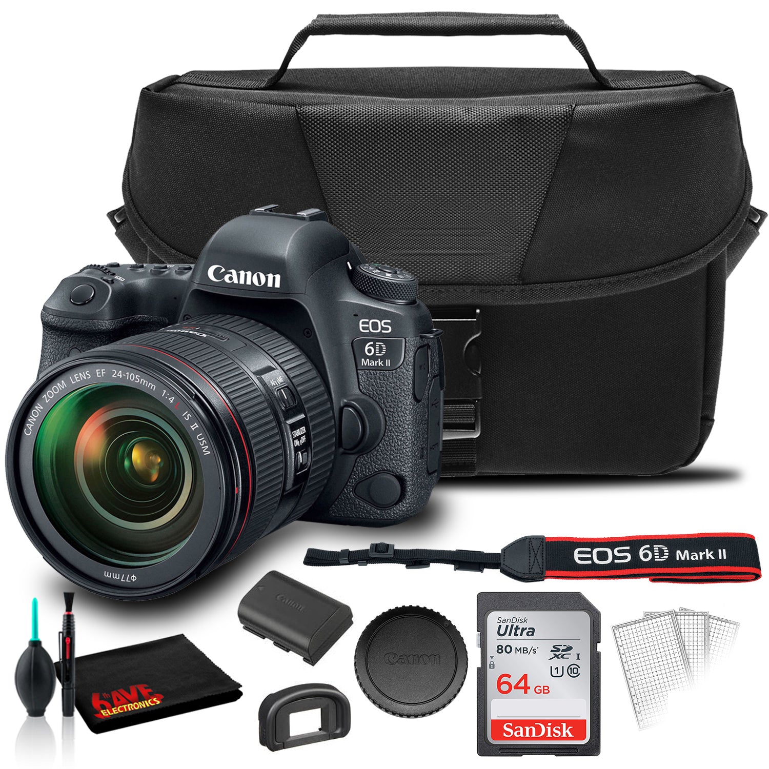 Canon EOS 6D Mark II DSLR Camera with 24-105mm L II Lens +  EOS Bag +  Sandisk Ultra 64GB Card