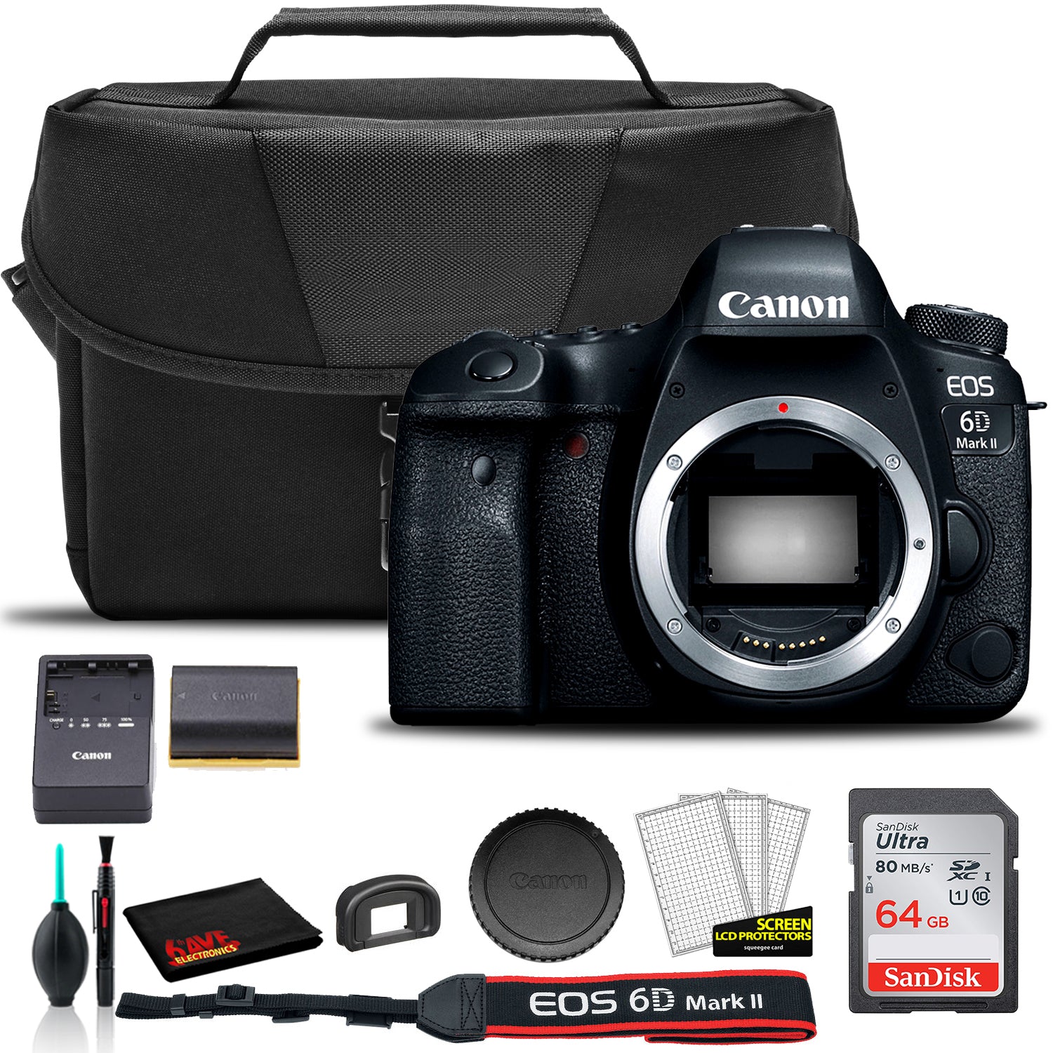 Canon EOS 6D Mark II DSLR Camera (Body Only) (1897C002) +  EOS Bag +  Sandisk Ultra 64GB Card + Cleaning Set And More
