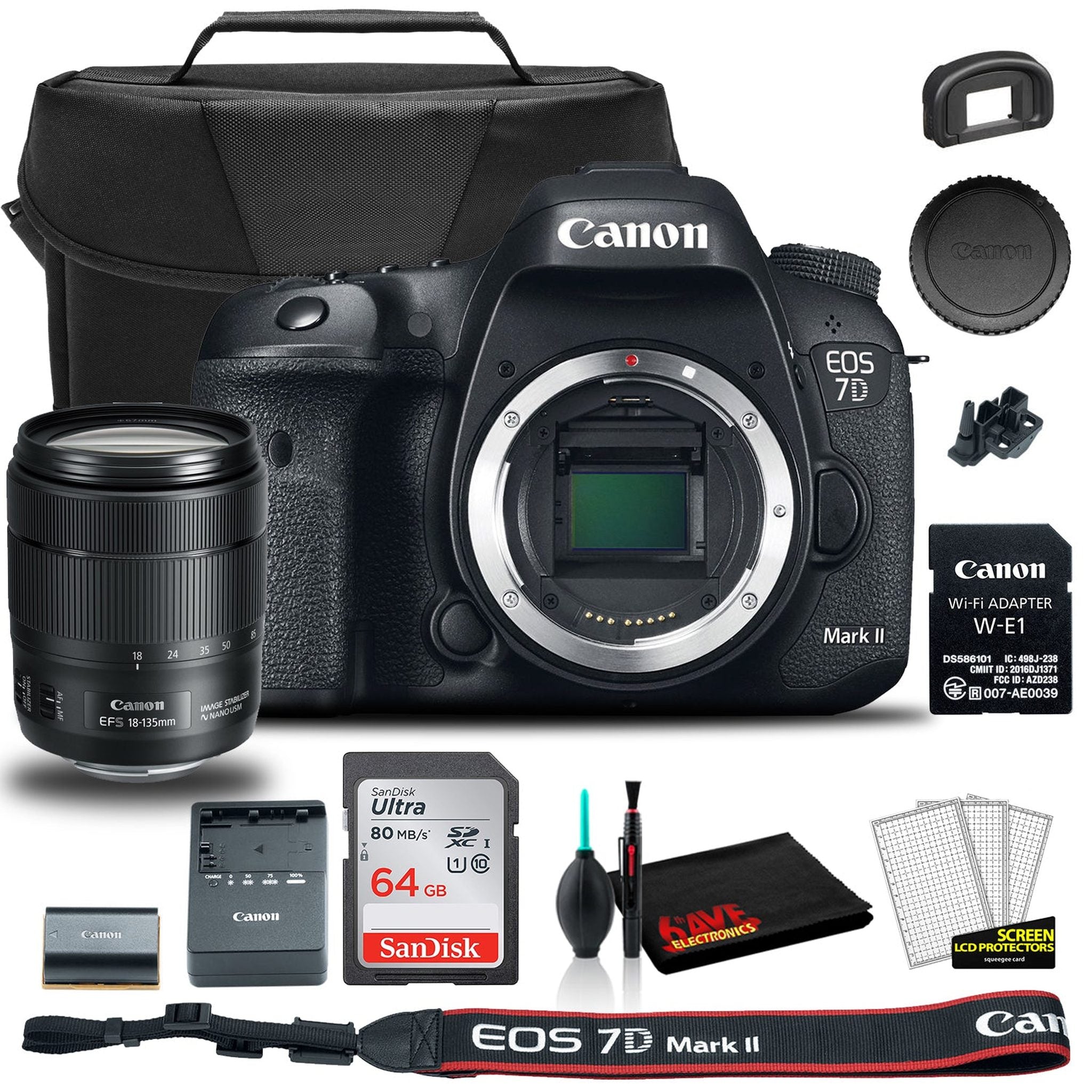 Canon EOS 7D Mark II DSLR Camera with 18-135mm f/3.5-5.6 IS USM Lens & W-E1 Wi-Fi Adapter 9128B135 + EOS Bag + Sandisk Ultra 64GB Card - Used Canon
