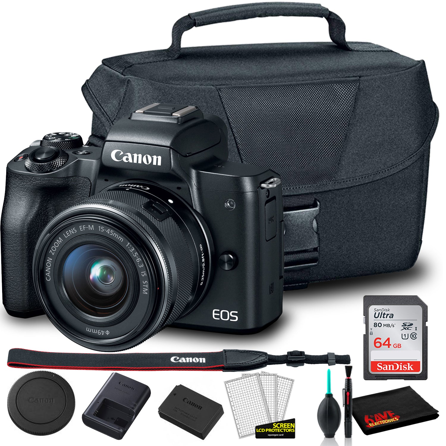Canon EOS M50 Mirrorless Digital Camera with 15-45mm Lens Black 2680C011 + EOS Bag + Sandisk Ultra 64GB Card + Clean and Care Kit