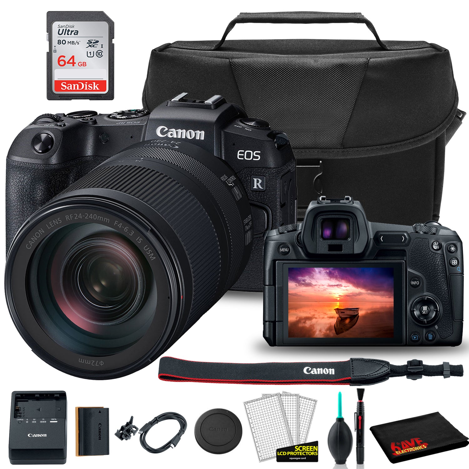 Canon EOS RP Mirrorless Digital Camera with 24-240mm Lens (3380C032) +  EOS Bag +  Sandisk Ultra 64GB Card + Clean and Care Kit