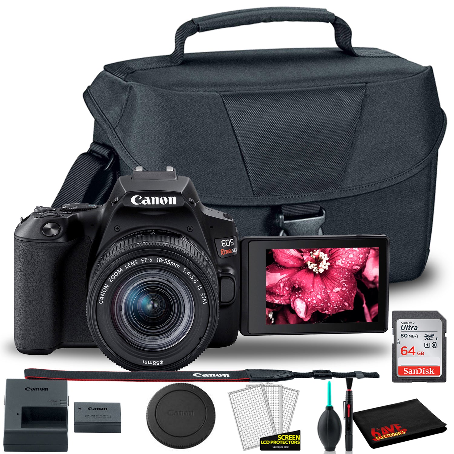 Canon EOS Rebel 250D/SL3 DSLR Camera with 18-55mm Lens (Black) + Canon EOS Bag + Sandisk Ultra 64GB Card + Cleaning Set and More