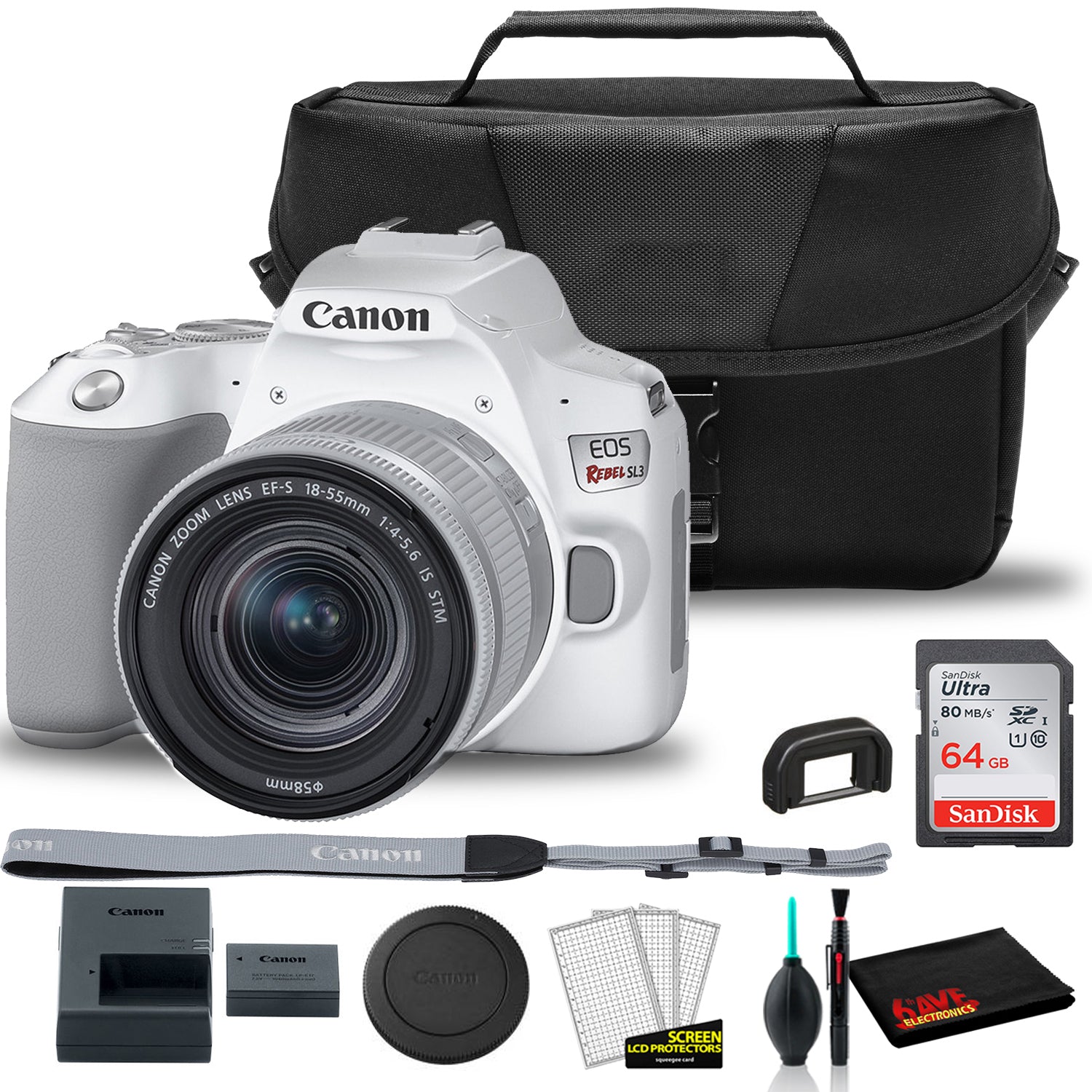 Canon EOS Rebel SL3 DSLR Camera with 18-55mm Lens (White) (3457C001) +  EOS Bag +  Sandisk Ultra 64GB Card + Clean and Care Kit