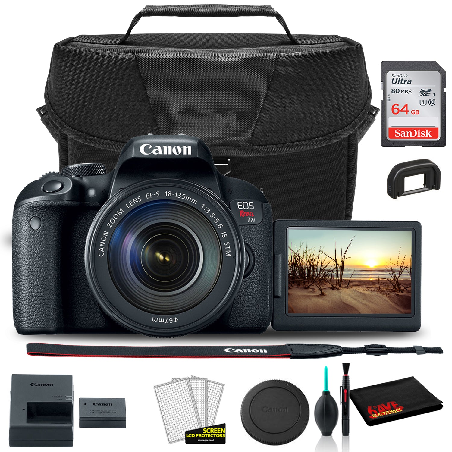 Canon EOS Rebel T7i DSLR Camera with 18-135mm Lens (1894C003) +  EOS Bag +  Sandisk Ultra 64GB Card + Clean and Care Kit
