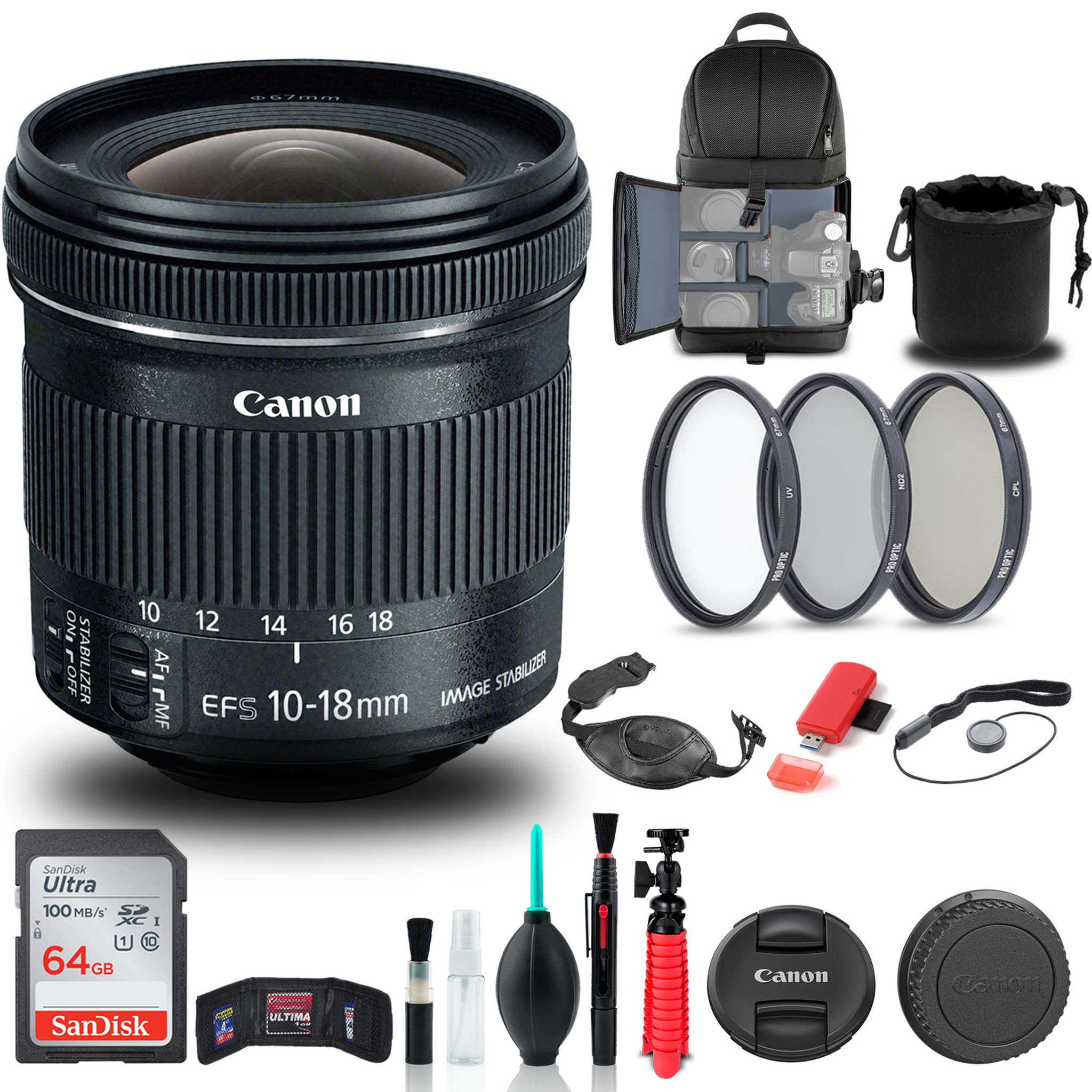 Canon EF-S 10-18mm f/4.5-5.6 IS STM Lens 9519B002 + Filter + BackPack + More - Reconditioned Canon