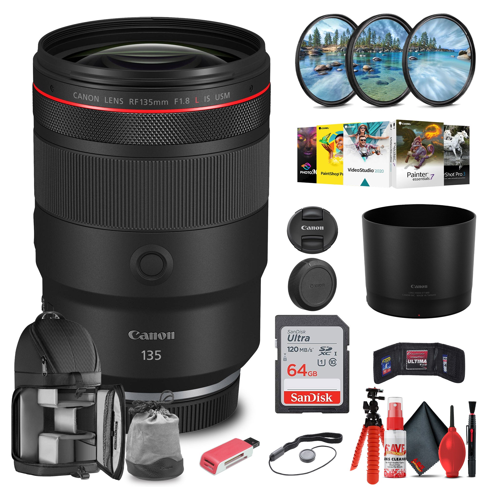 Canon RF 135mm f/1.8 L IS USM Lens with 64GB Extreme Pro Card + Photo Software -