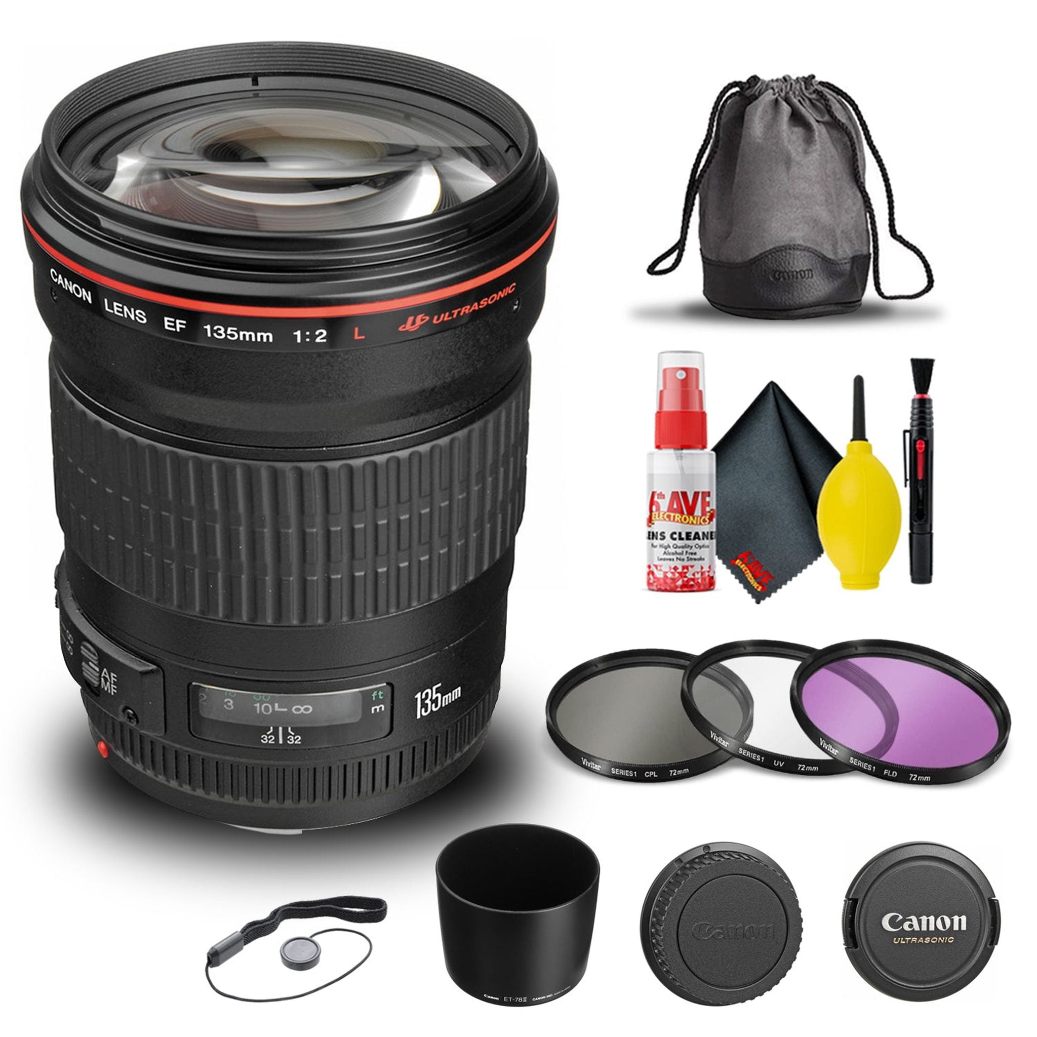 Canon EF 135mm f/2L USM Lens 2520A004 + Filter Kit + Cap Keeper + More - Reconditioned Canon