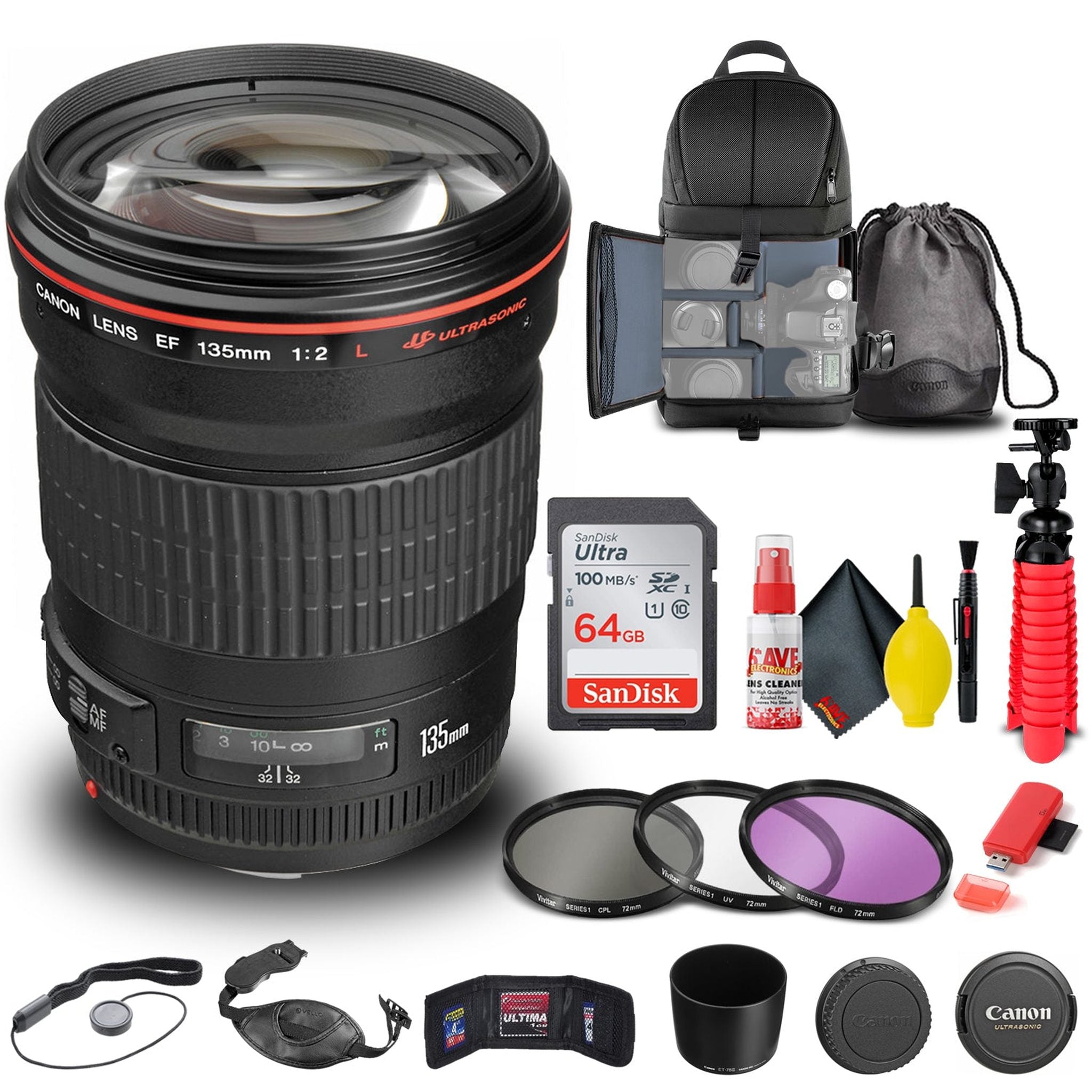 Canon EF 135mm f/2L USM Lens 2520A004 + Filter + BackPack + 64GB Card + More - Reconditioned Canon