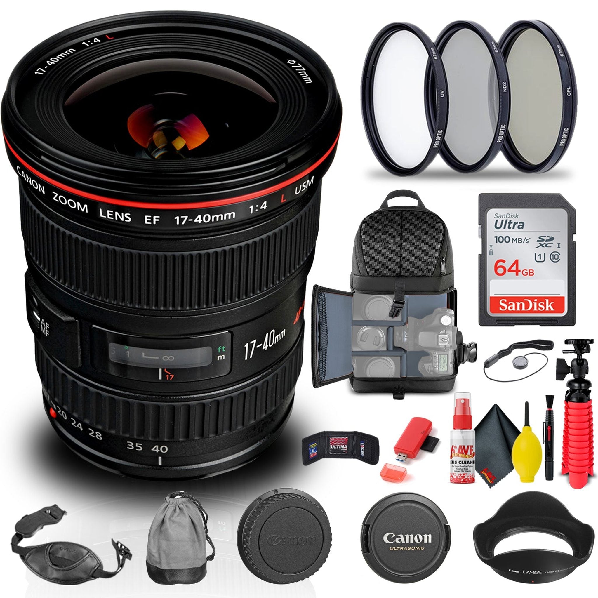 Canon EF 17-40mm f/4L USM Lens 8806A002 + Filter + BackPack + 64GB Card + More - Reconditioned Canon