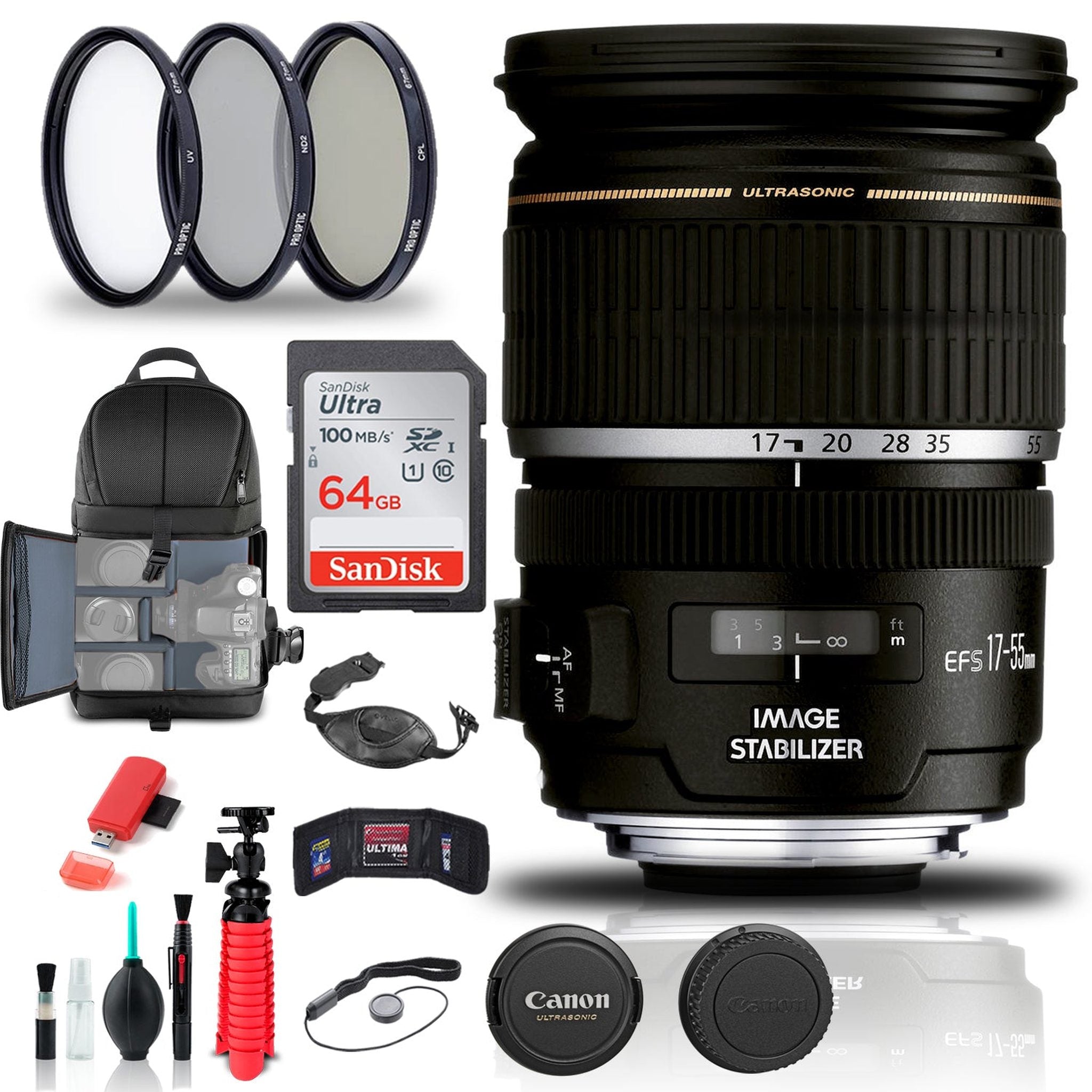 Canon EF-S 17-55mm f/2.8 IS USM Lens 1242B002 + Filter Kit + BackPack + More - Reconditioned Canon