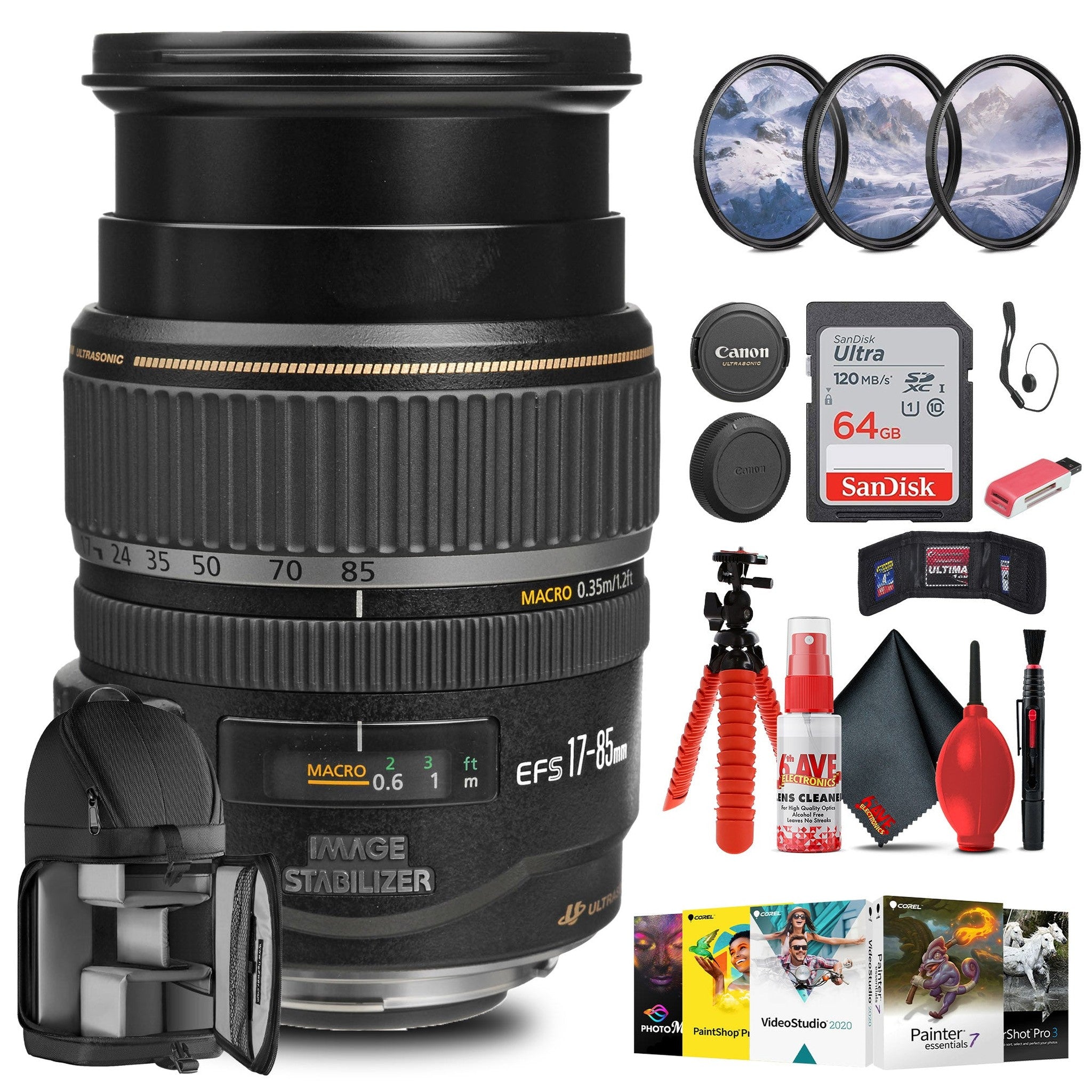 Canon EF-S 17-85mm f/4-5.6 IS USM Lens with Filter kit + Cleaning Kit + More Canon