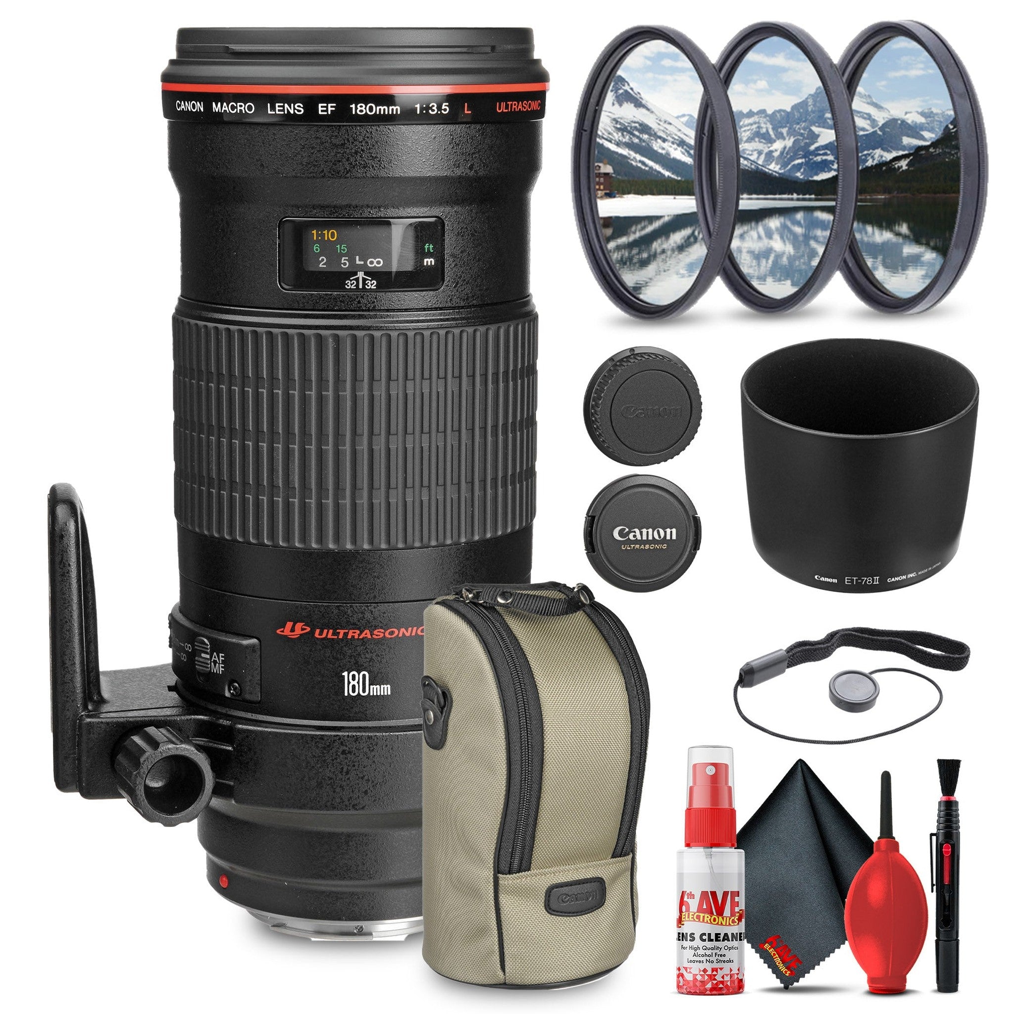 Canon EF 180mm f/3.5L Macro USM Lens +3 piece Filter kit + Cleaning Kit Canon