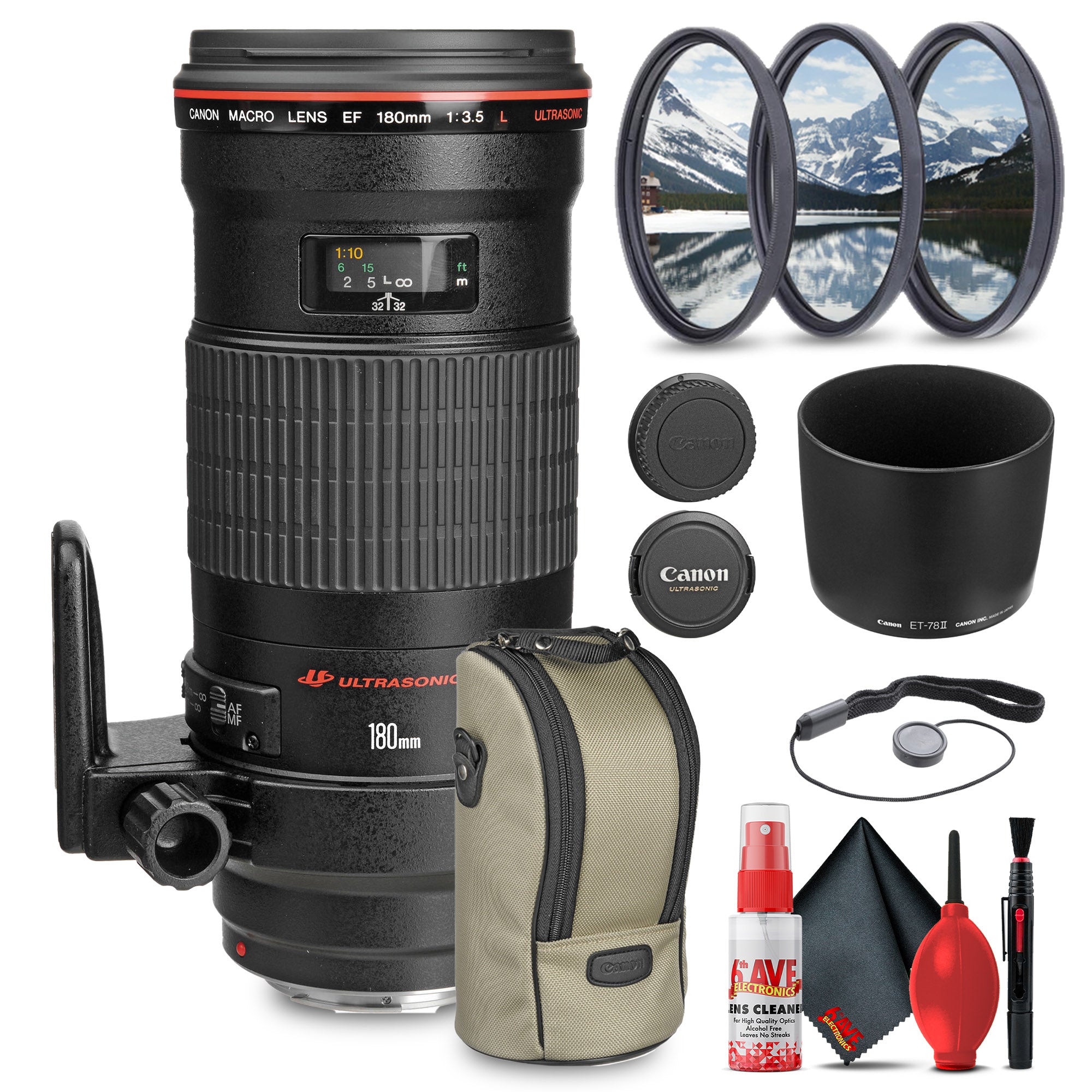 Canon EF 180mm f/3.5L Macro USM Lens +3 piece Filter kit + Cleaning Kit