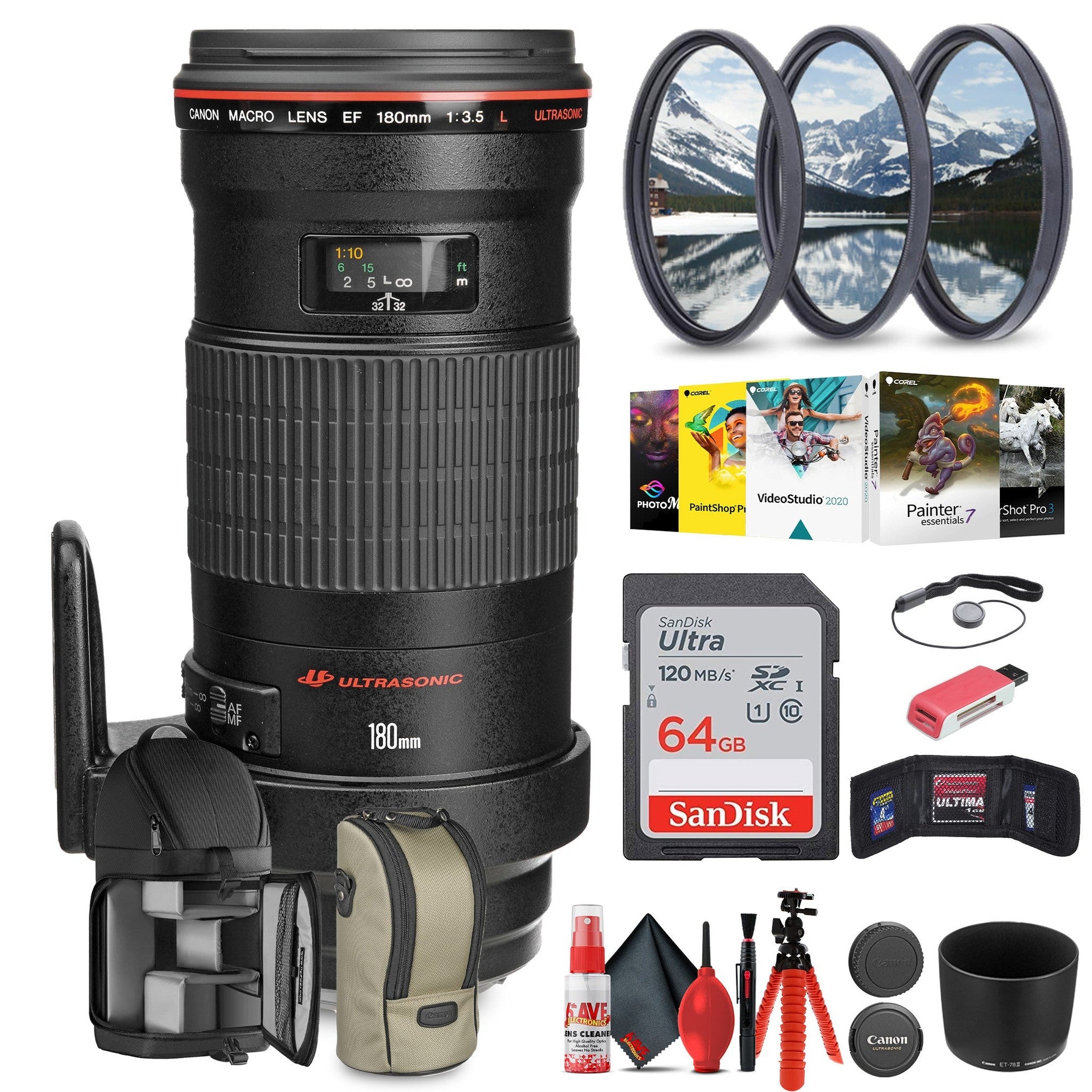 Canon EF 180mm f/3.5L Macro USM Lens with 64GB Extreme Pro Card + More Canon