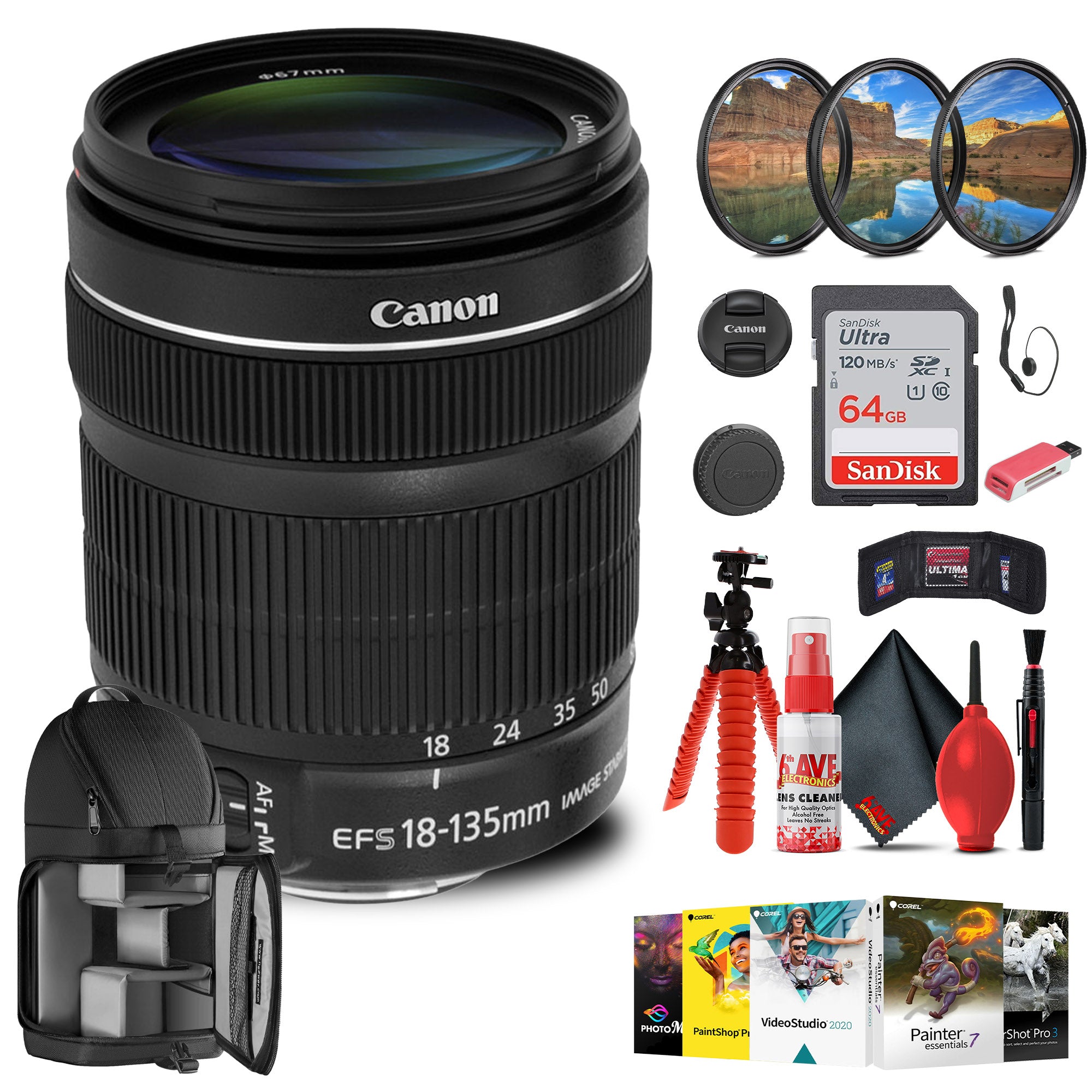 Canon EF-S 18-135mm f/3.5-5.6 IS STM Lens with 64GB Extreme Pro Card + More -