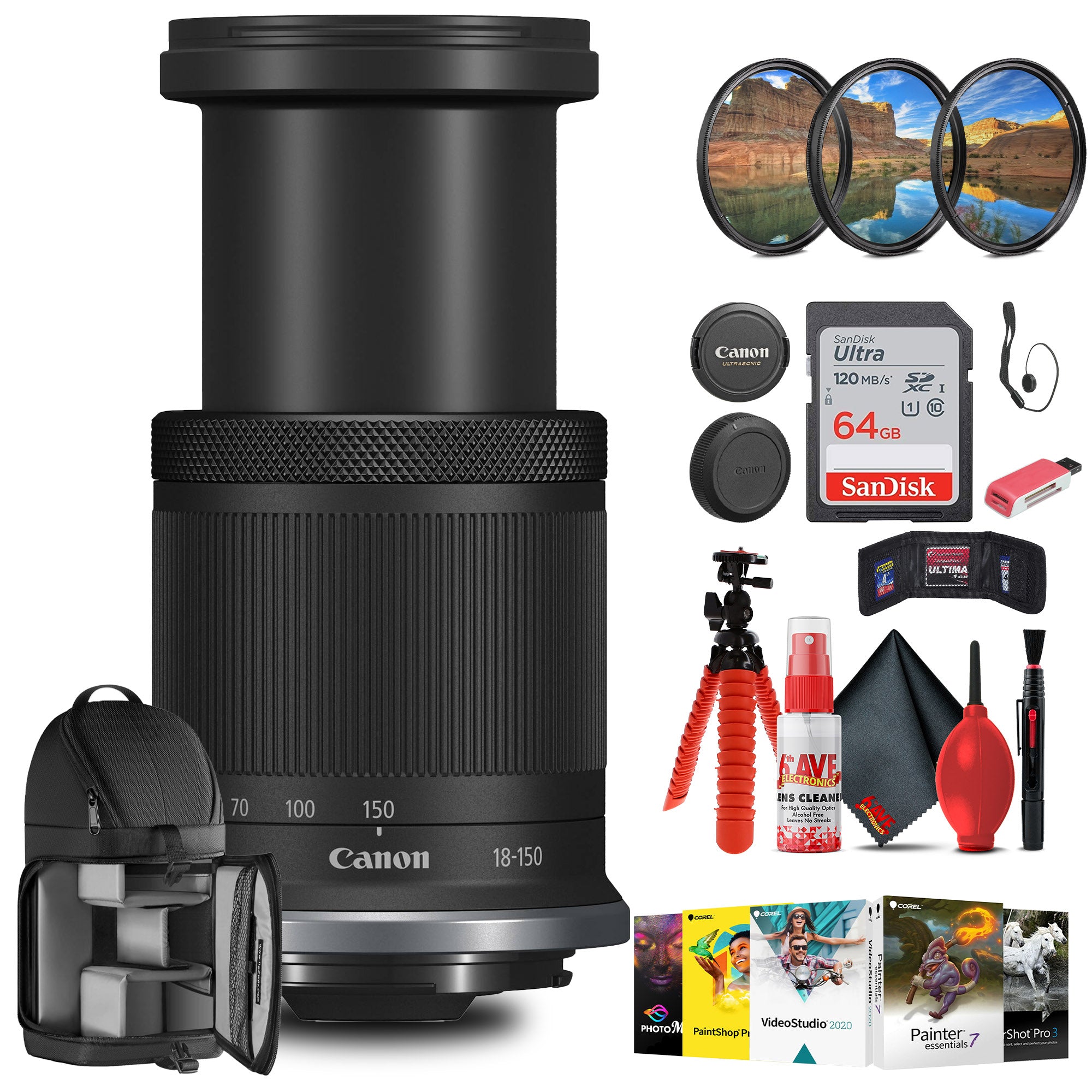 Canon RF-S 18-150mm f/3.5-6.3 IS STM Lens with Filter kit + Cleaning Kit + More