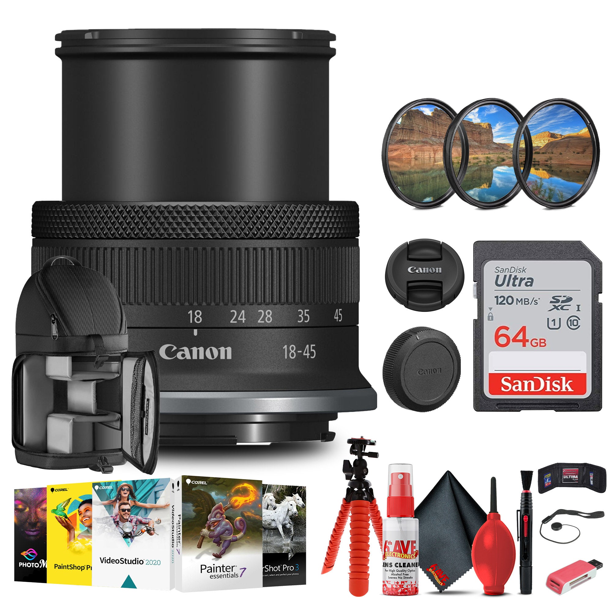 Canon RF-S 18-45mm f/4.5-6.3 IS STM Lens with 64GB Card + More