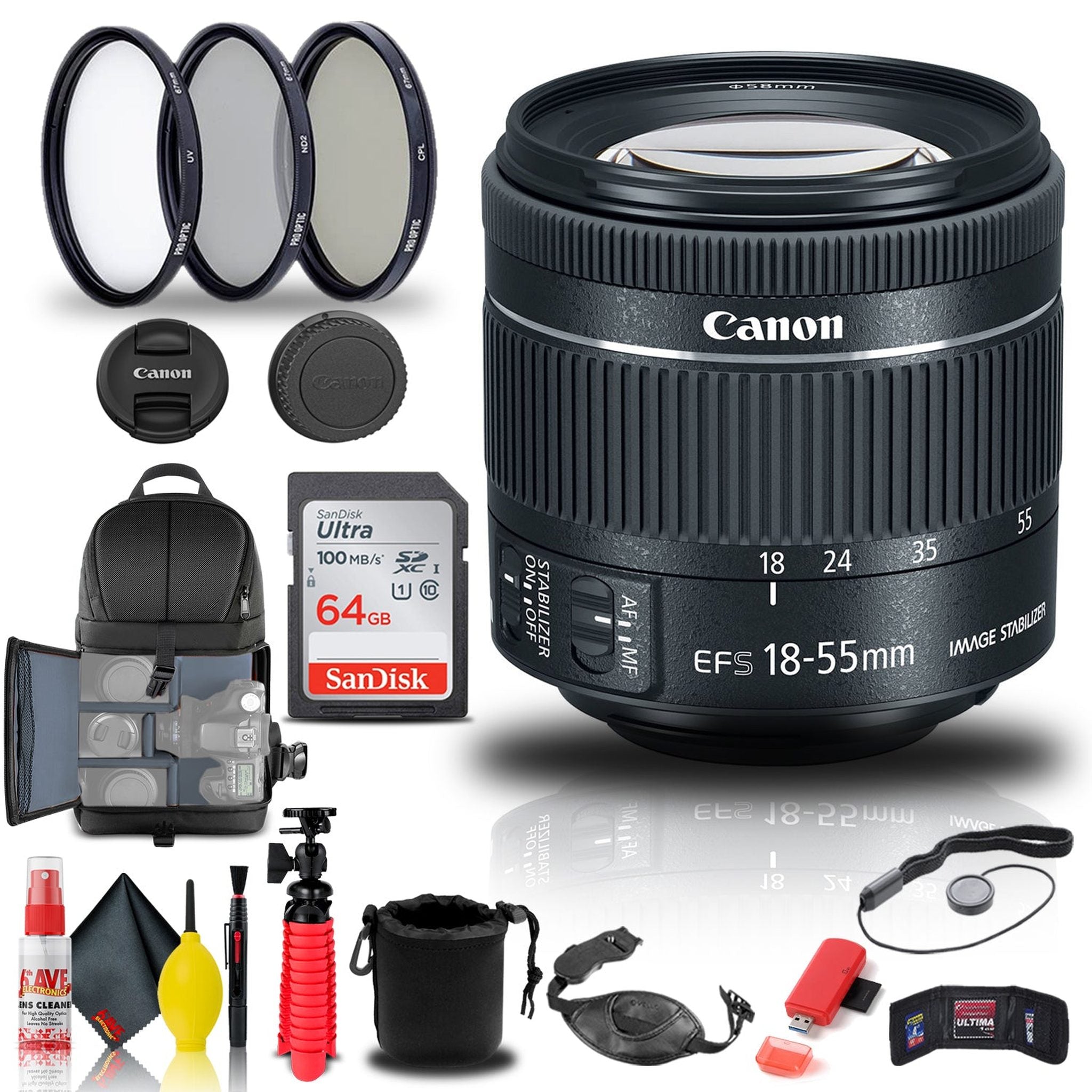 Canon EF-S 18-55mm f/4-5.6 IS STM Lens 1620C002 + Filter Kit + BackPack + More - Reconditioned Canon